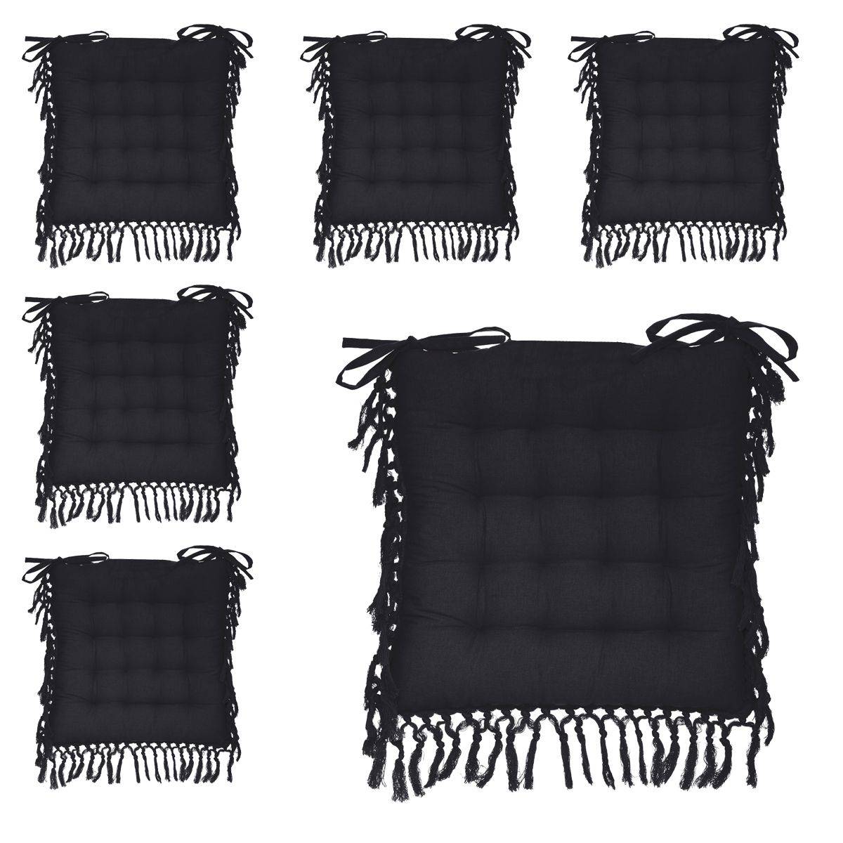 Lot de 6 Galettes de chaise en Coton Gris ardoise avec franges macramé 40 x 40 cm - Image 1