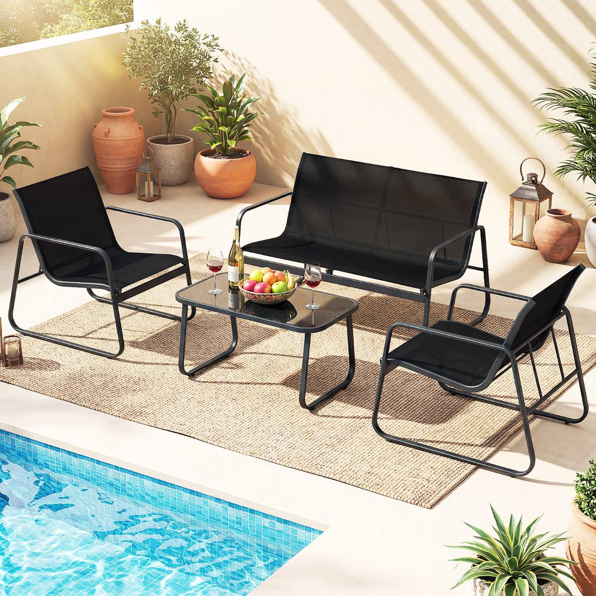 Ensemble de Mobilier d'Extérieur 4 Pièces Salon de Jardin avec Coussins et Table Basse en Verre Gris MAISON CHIC - Image 4