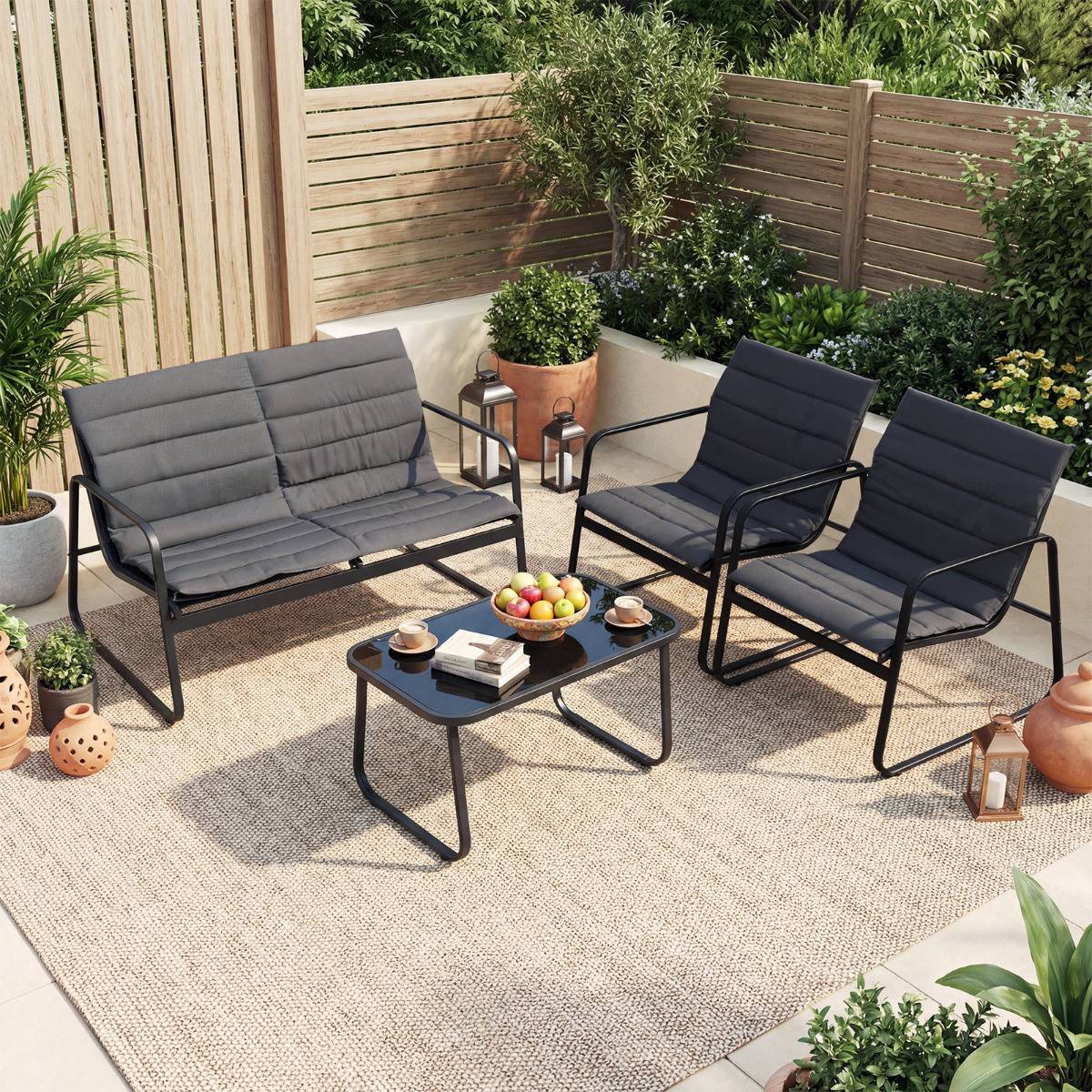 Ensemble de Mobilier d'Extérieur 4 Pièces Salon de Jardin avec Coussins et Table Basse en Verre Gris MAISON CHIC - Image 3