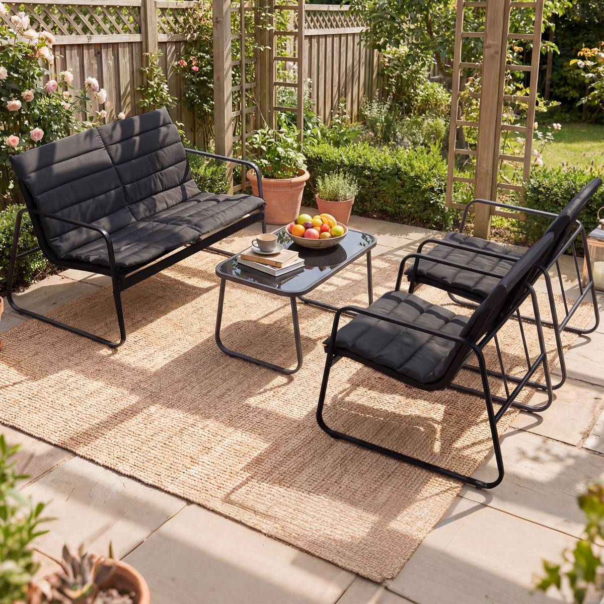 Ensemble de Mobilier d'Extérieur 4 Pièces Salon de Jardin avec Coussins et Table Basse en Verre Gris MAISON CHIC - Image 5