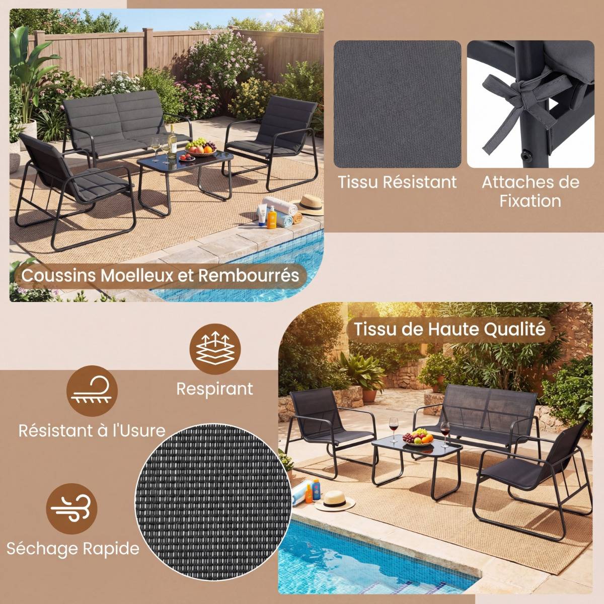 Ensemble de Mobilier d'Extérieur 4 Pièces Salon de Jardin avec Coussins et Table Basse en Verre Gris MAISON CHIC - Image 7