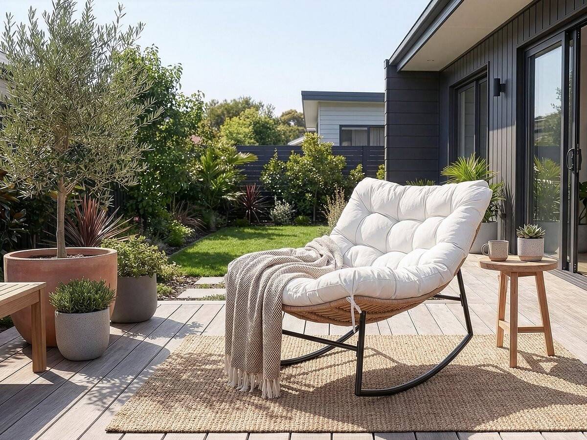 Fauteuil à Bascule Papasan Avec Coussin Intérieur/extérieur "papaya" - Beige -habitat Et Jardin - Image 2