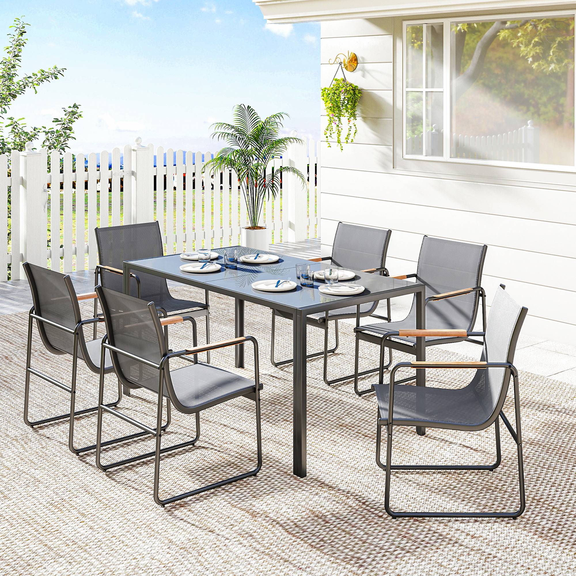 ComfortXL - Salon de jardin 7 pièces acier terrasse plateau verre 150cm gris - ComfortXL Outdoor Living - Image 4