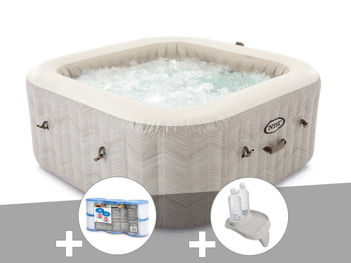 Kit spa gonflable Intex PureSpa Chevron carré Bulles 4 places + 6 filtres + Porte-verre