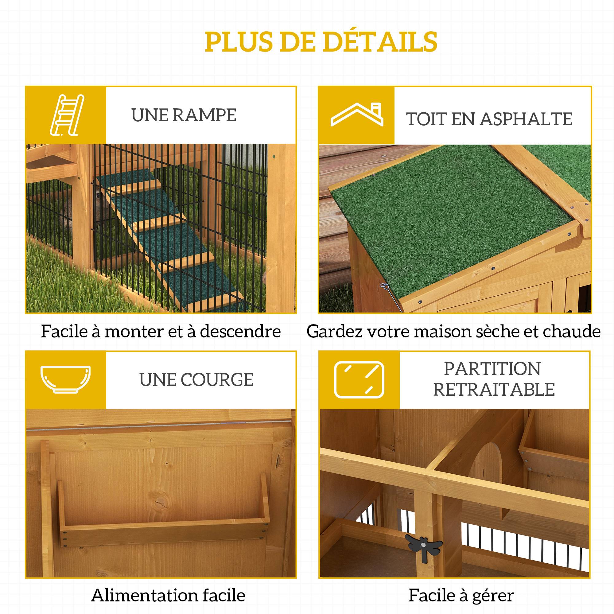 Clapier de sol cage à lapin niche supérieure avec rampe enclos extérieur porte verrouillable 150 x 52,5 x 68 cm jaune - Image 9