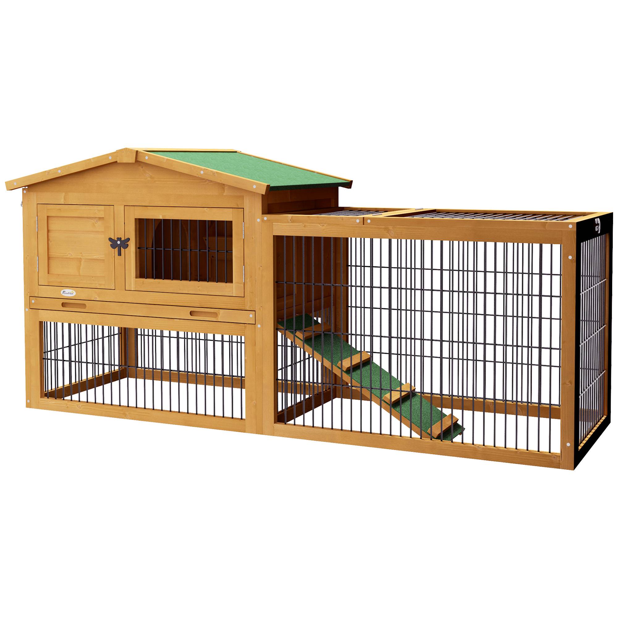 Clapier de sol cage à lapin niche supérieure avec rampe enclos extérieur porte verrouillable 150 x 52,5 x 68 cm jaune - Image 1