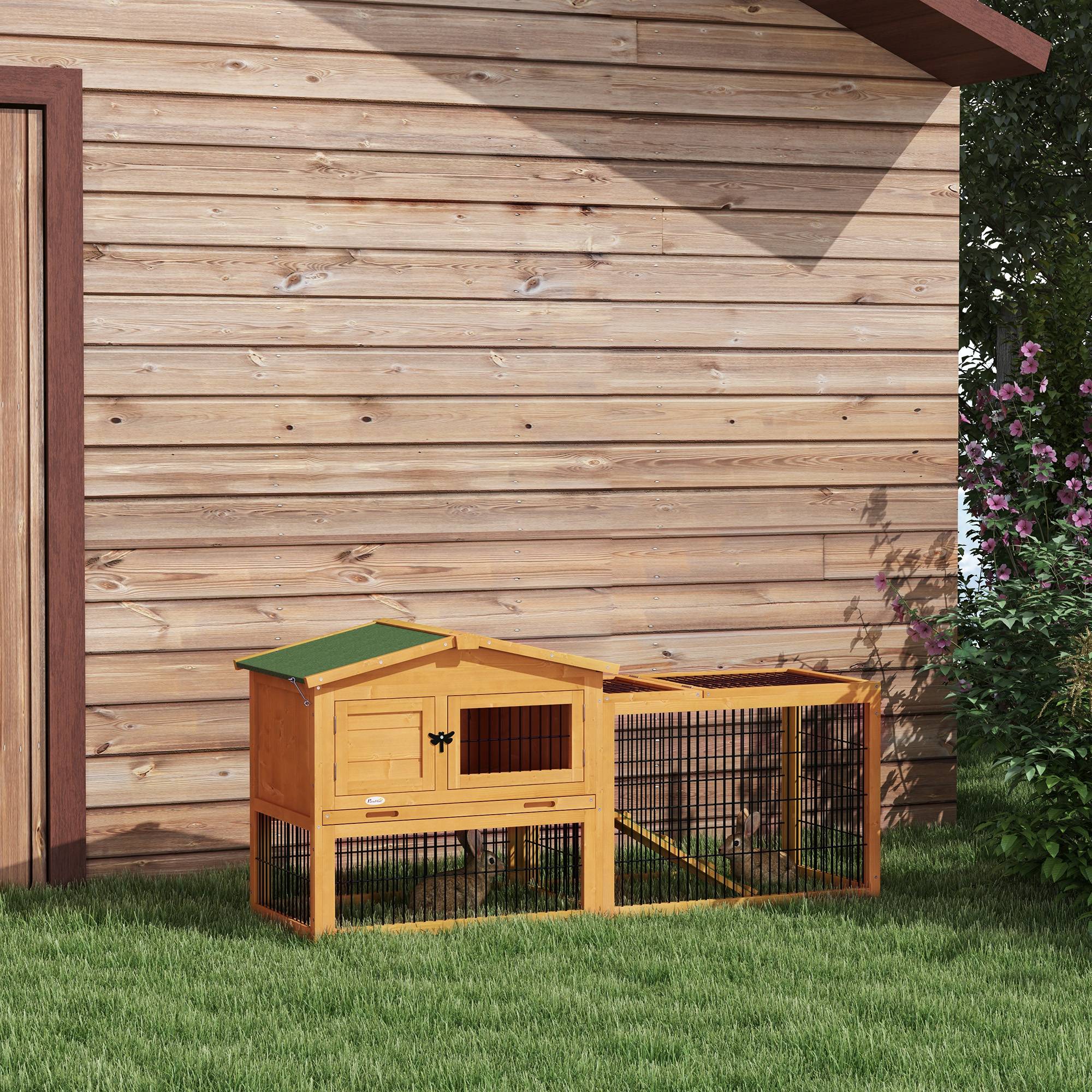 Clapier de sol cage à lapin niche supérieure avec rampe enclos extérieur porte verrouillable 150 x 52,5 x 68 cm jaune - Image 3
