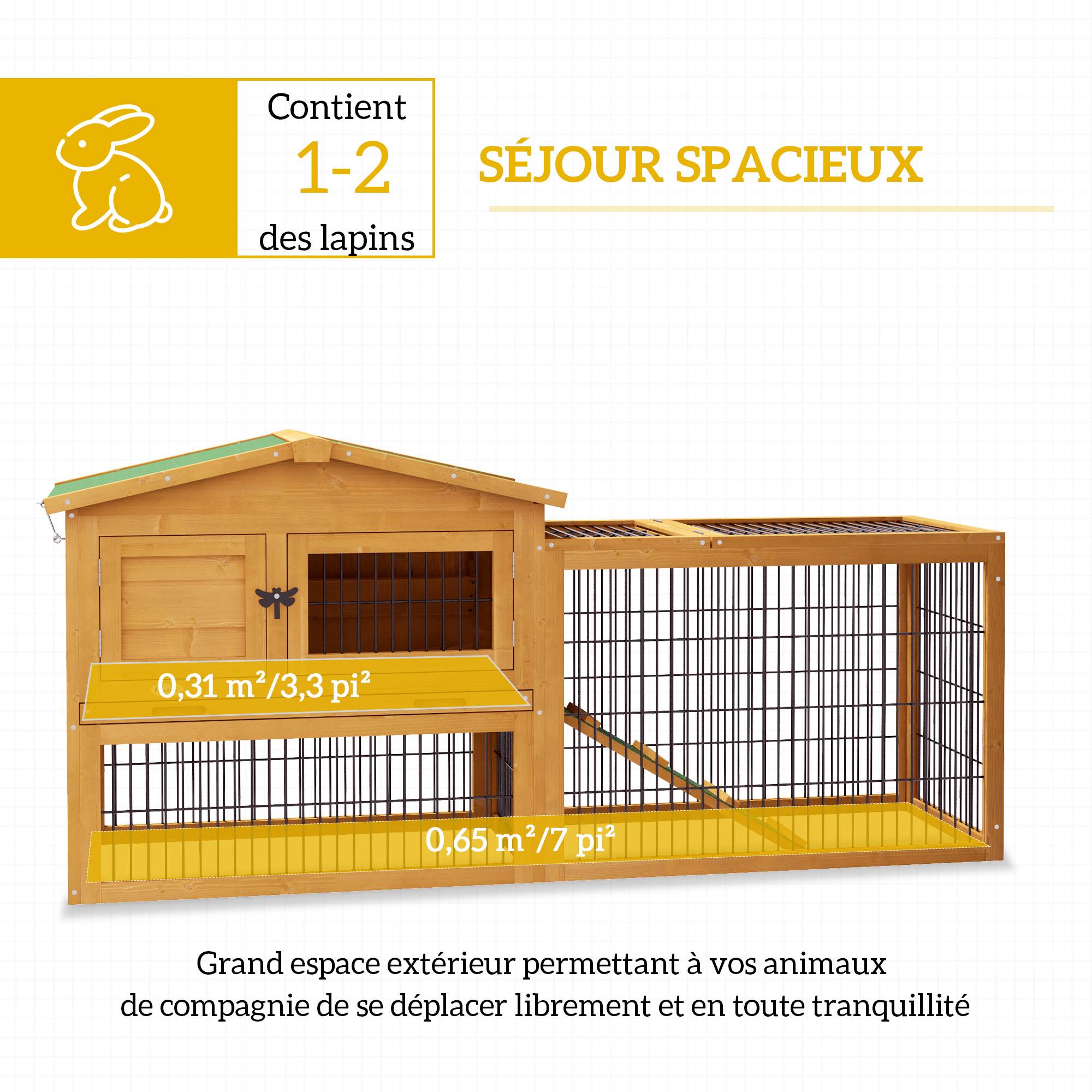 Clapier de sol cage à lapin niche supérieure avec rampe enclos extérieur porte verrouillable 150 x 52,5 x 68 cm jaune - Image 6