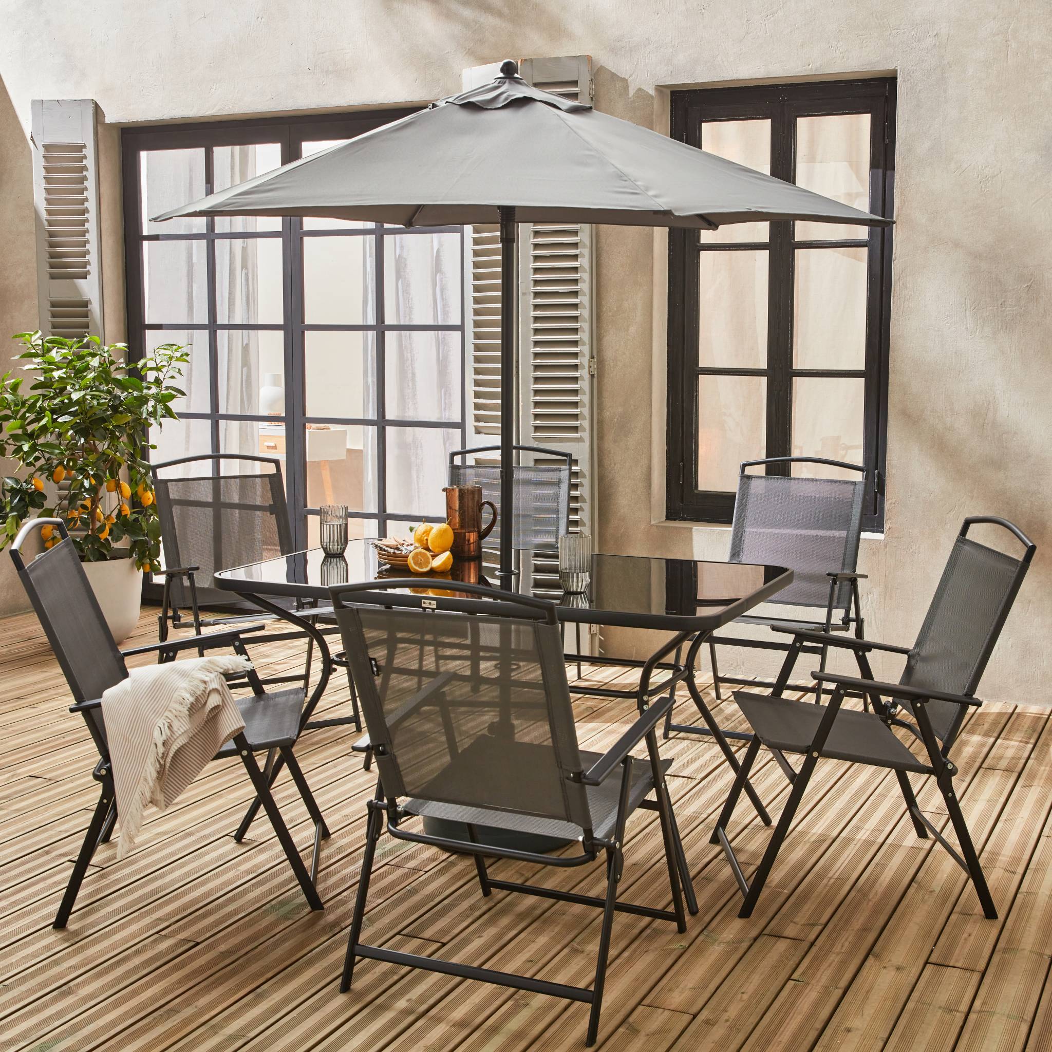 Table de jardin acier avec parasol + 6 assises. anthracite. structure acier avec revêtement anti rouille | sweeek - Image 3