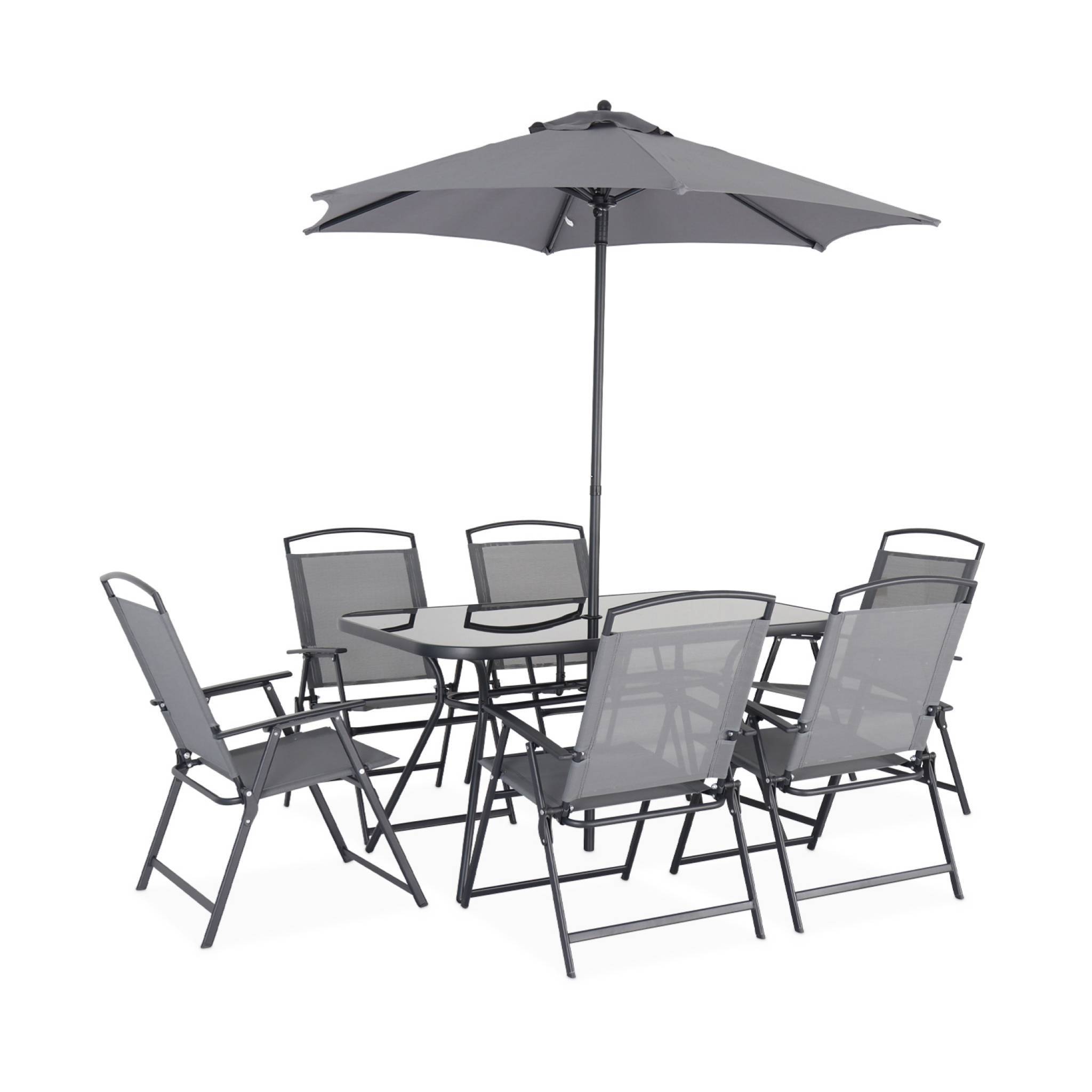 Table de jardin acier avec parasol + 6 assises. anthracite. structure acier avec revêtement anti rouille | sweeek - Image 2