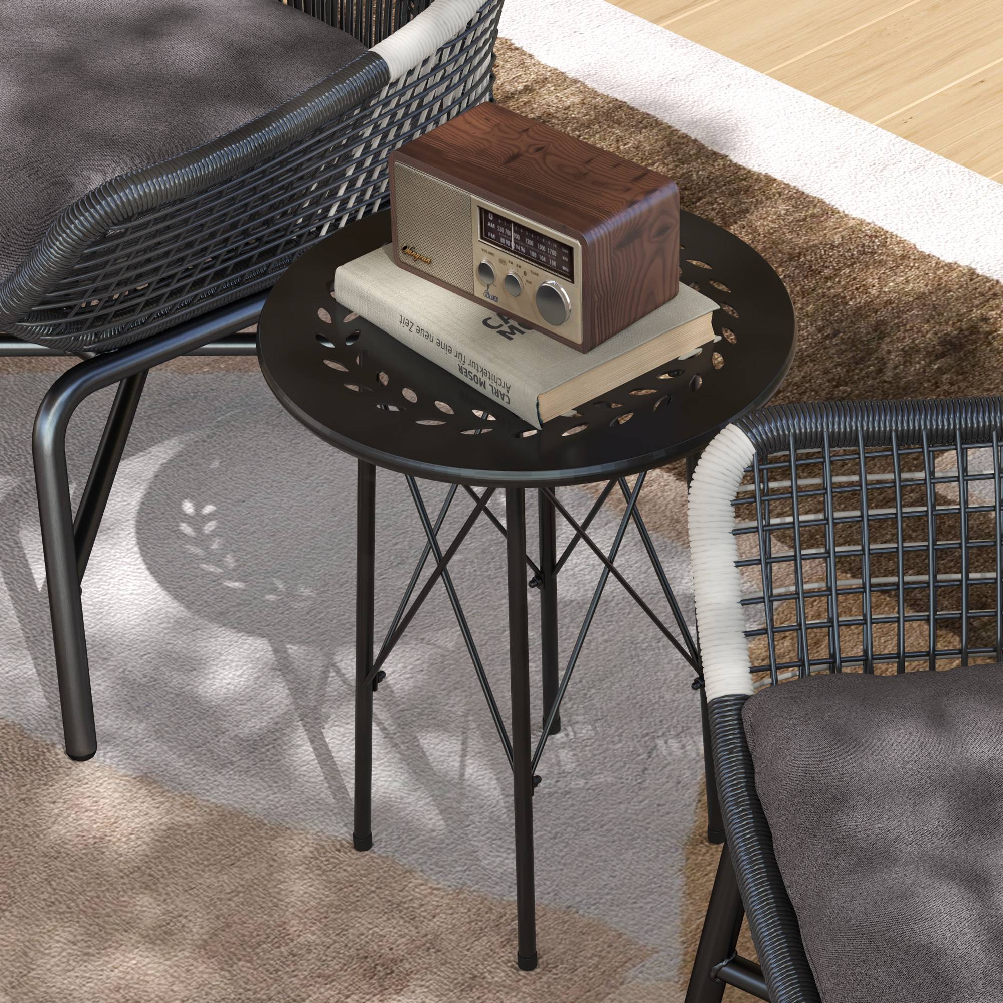 Petite table d'appoint ronde, table de jardin, avec découpe en forme de fleur et feuilles, en acier, Ø 40 x 50 cm, noir - Image 10