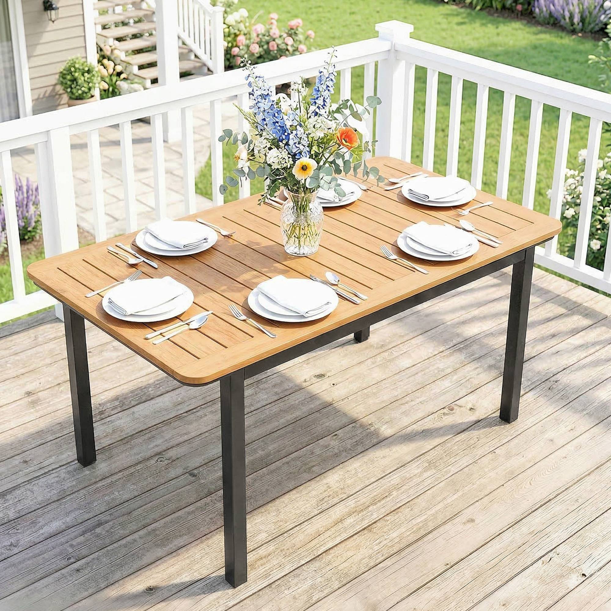 Sans Marque - Table de Jardin 6 Personnes Rectangulaire en Bois Composite Cadre en Métal et Plateau à Lattes 127x70cm Marron - Image 3