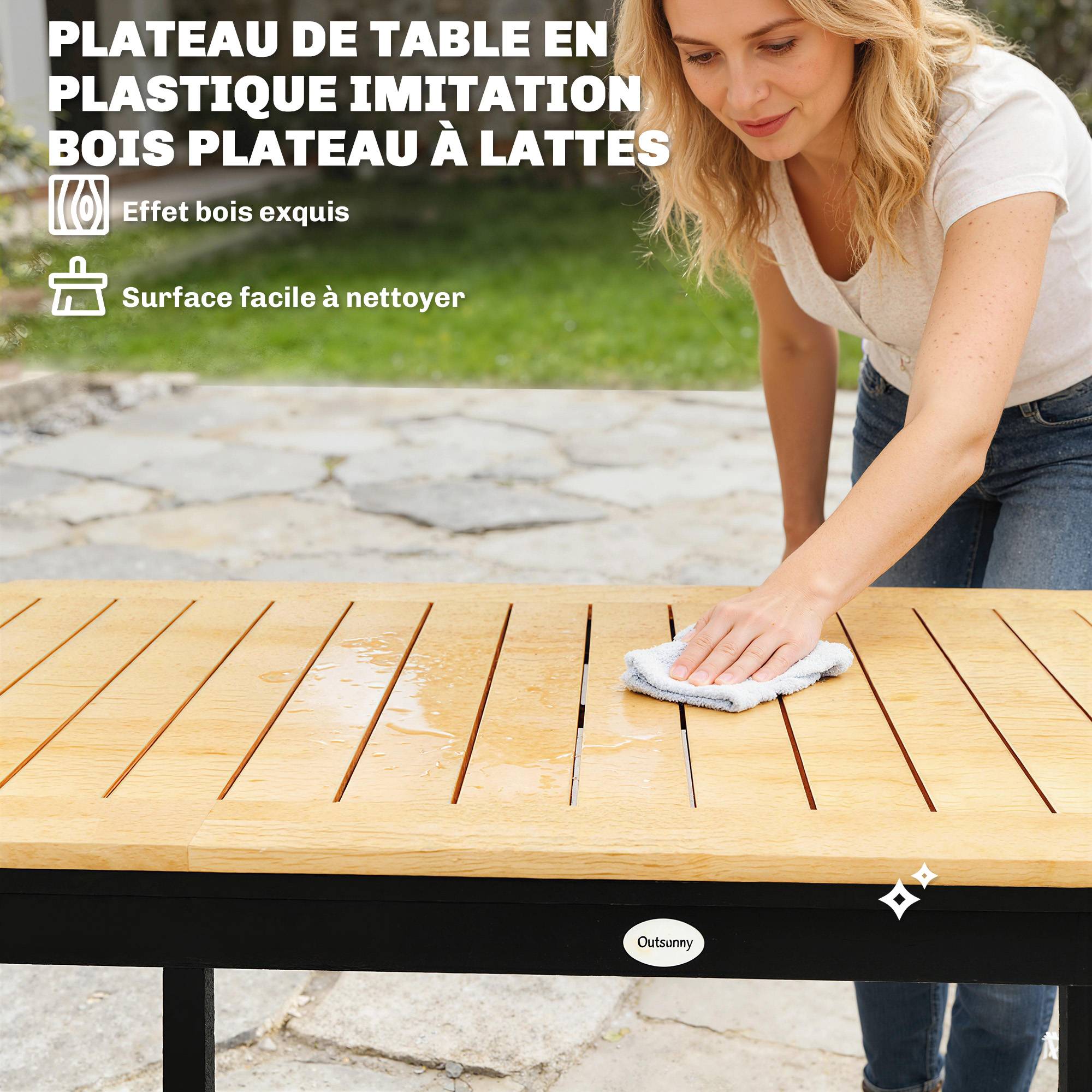 Sans Marque - Table de Jardin 6 Personnes Rectangulaire en Bois Composite Cadre en Métal et Plateau à Lattes 127x70cm Marron - Image 7