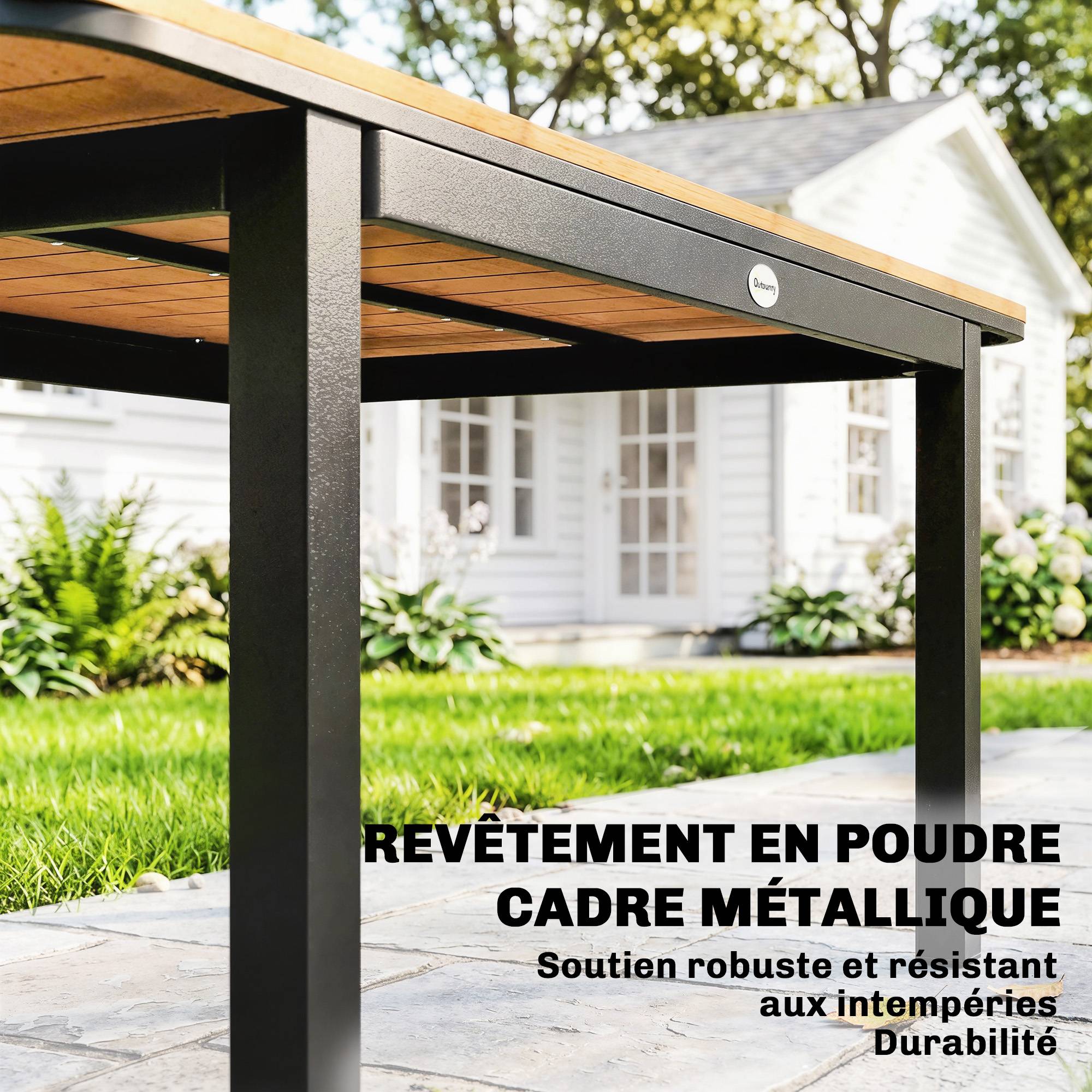 Sans Marque - Table de Jardin 6 Personnes Rectangulaire en Bois Composite Cadre en Métal et Plateau à Lattes 127x70cm Marron - Image 8