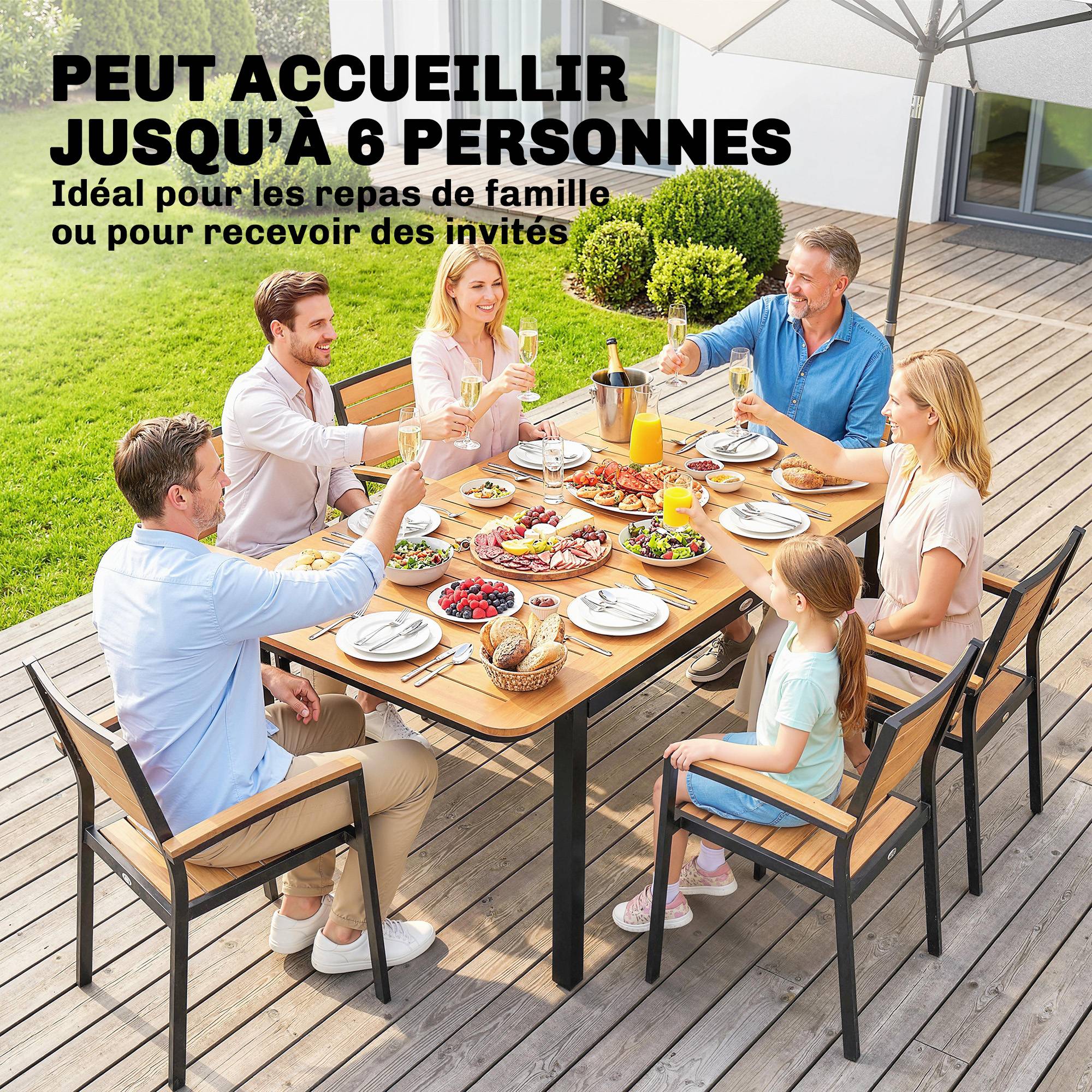 Sans Marque - Table de Jardin 6 Personnes Rectangulaire en Bois Composite Cadre en Métal et Plateau à Lattes 127x70cm Marron - Image 6