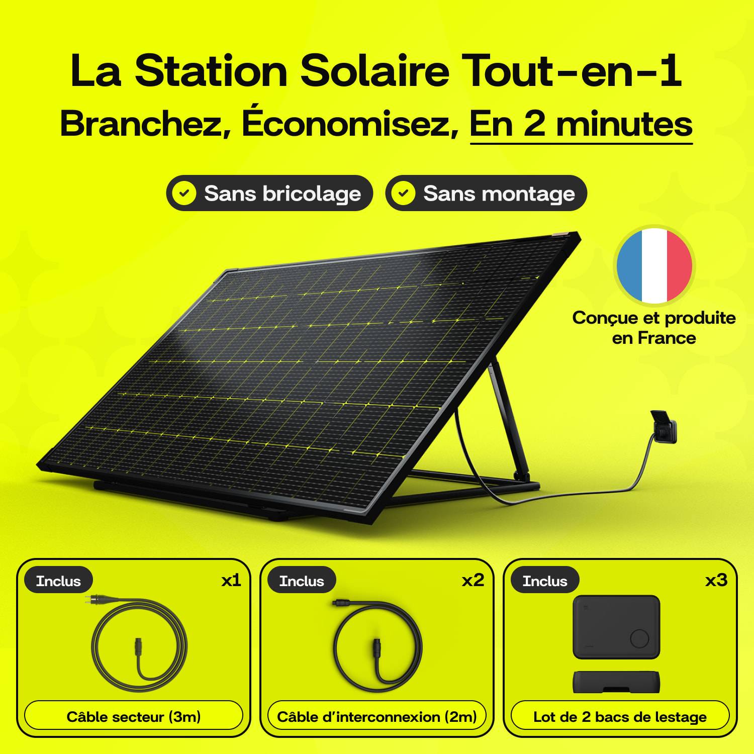 Sunology PLAY2 - Kit 3 panneaux solaires complet 1380W bifacial – 3 Stations solaire livrées totalement assemblées – Installation au sol ou au mur - Image 2