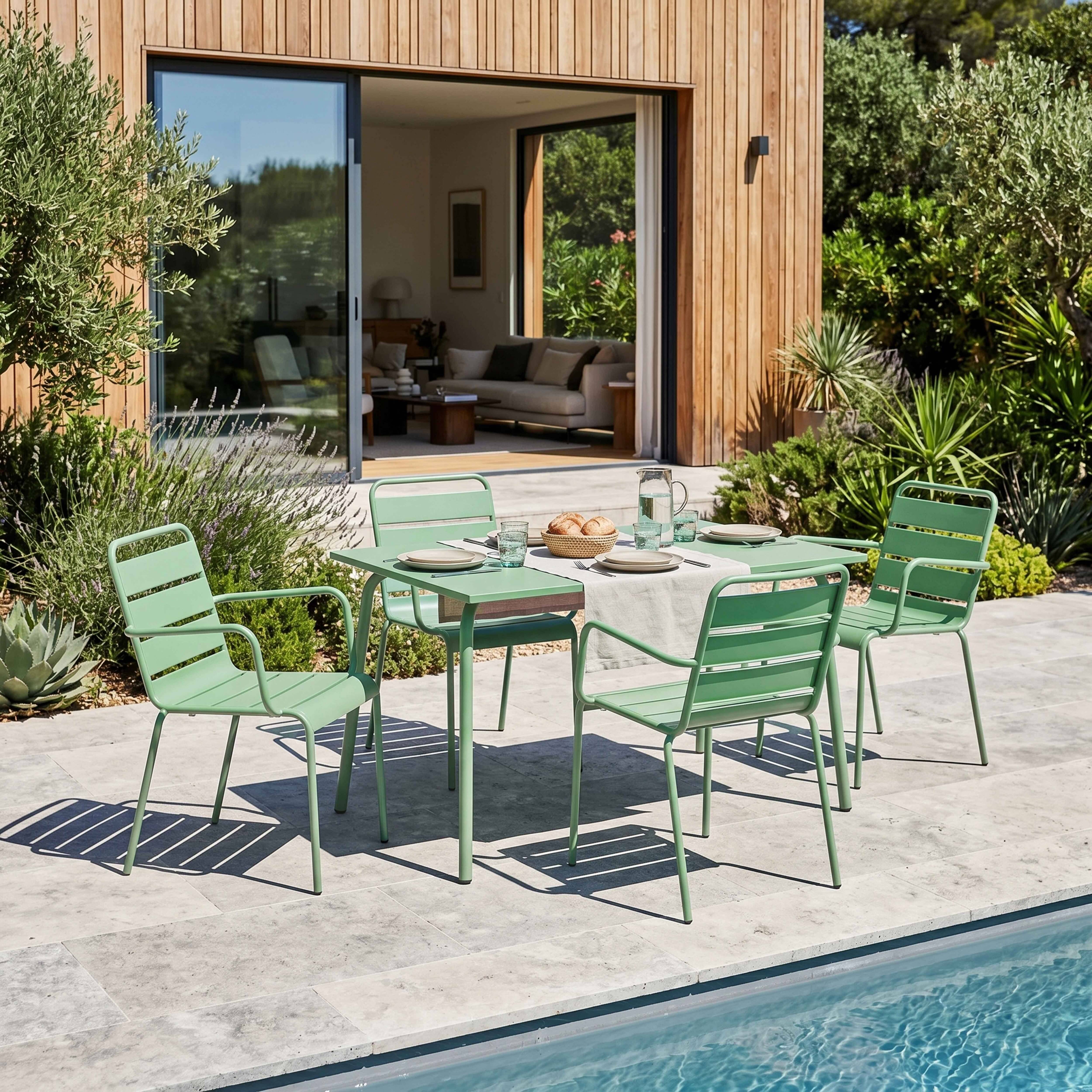 Oviala - Ensemble table de jardin et 4 fauteuils en métal vert sauge Palavas - Oviala - Image 2