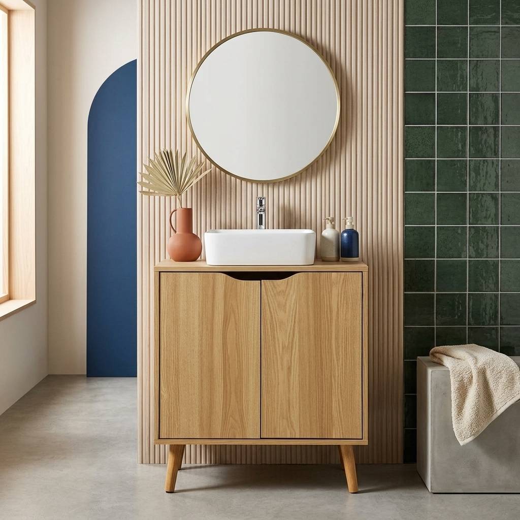 sweeek - Meuble sous lavabo vintage décor bois frêne 65 x 40 x H 70 cm - Nepal | sweeek - Image 1