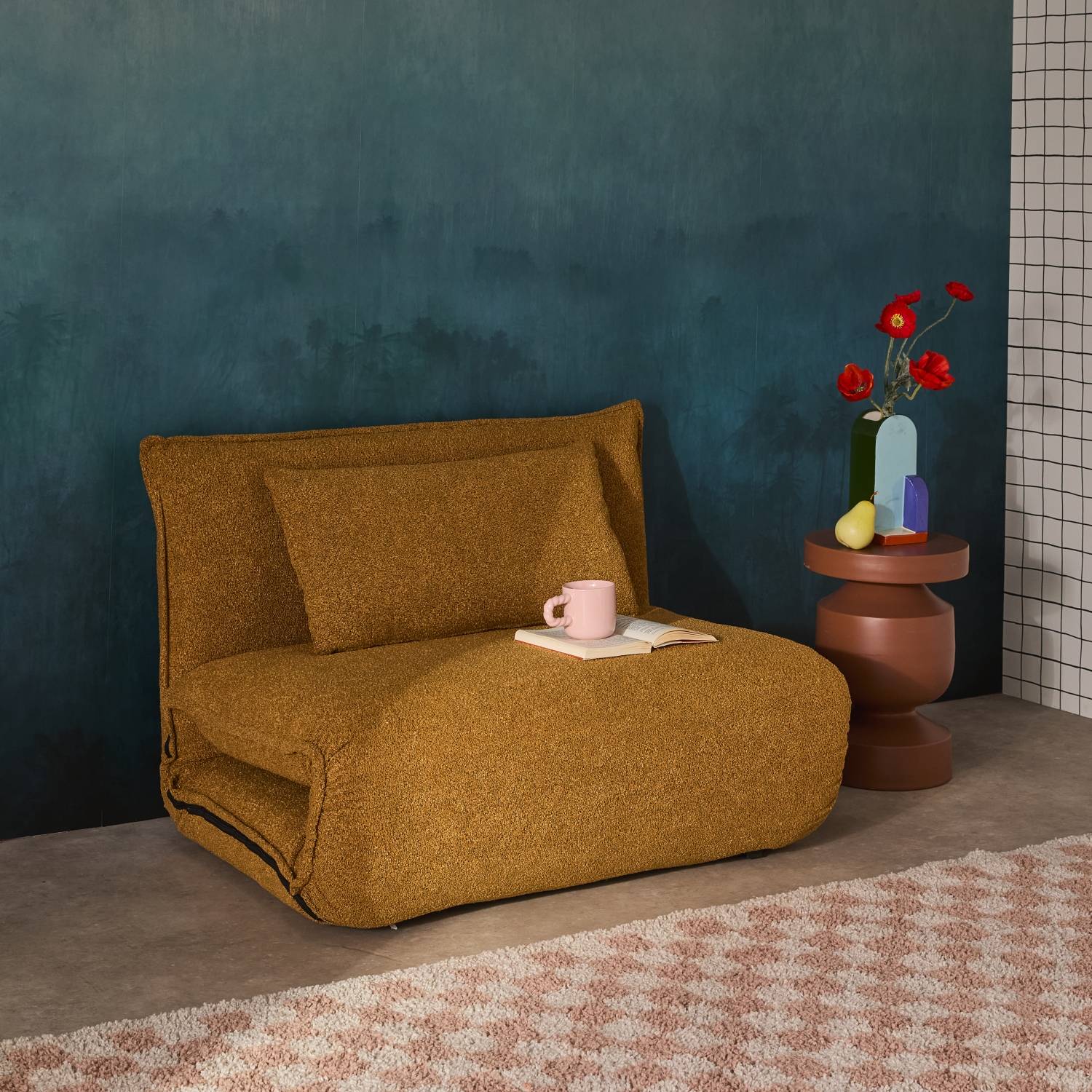 sweeek - Chauffeuse convertible 1 place en bouclette texturée moutarde L 99 x P 80 x H 66 cm - Fleeep | sweeek - Image 1