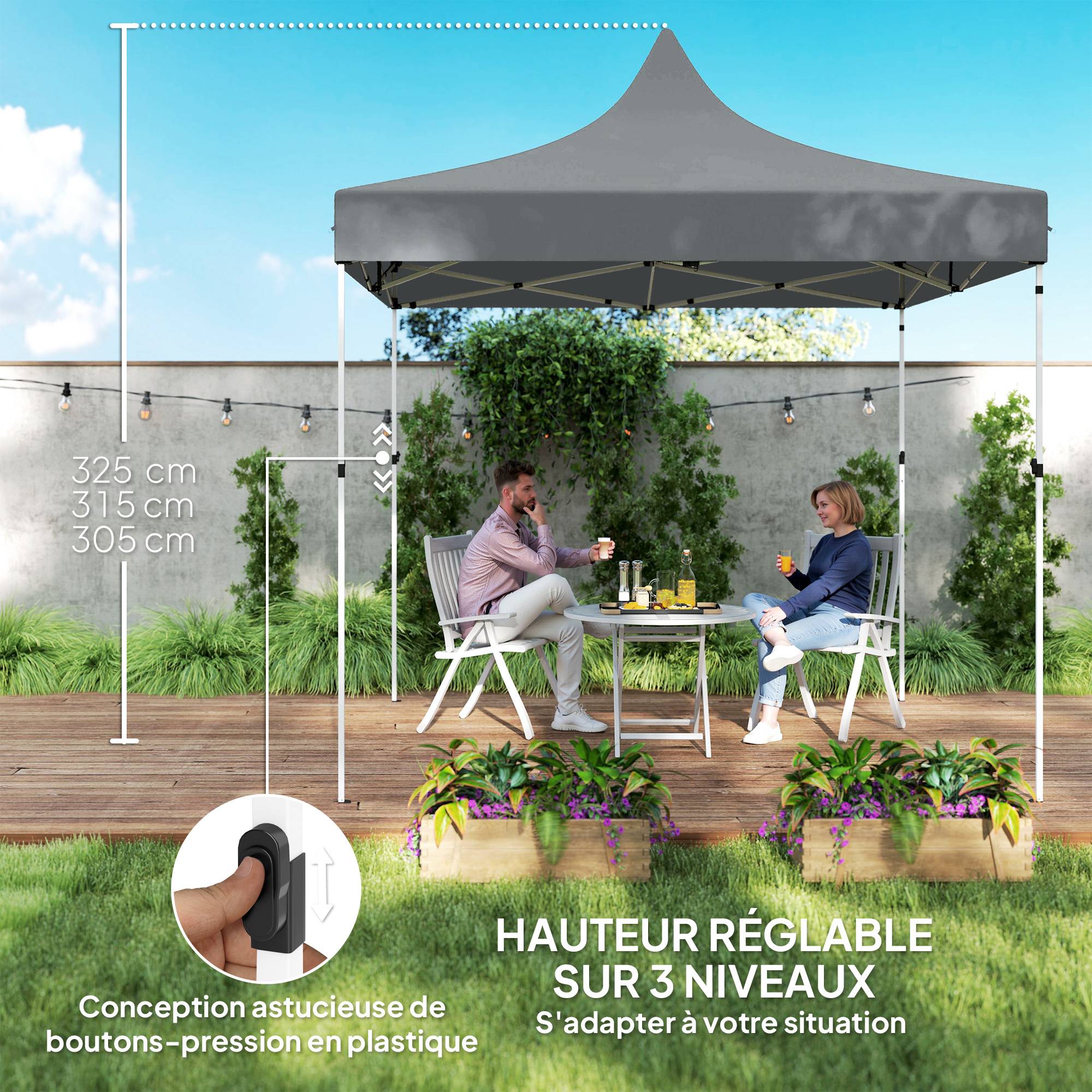 Tonnelle pliante Oxford pour jardin et réception protection UV hauteur réglable 3x3m gris - ComfortXL Outdoor Living - Image 9