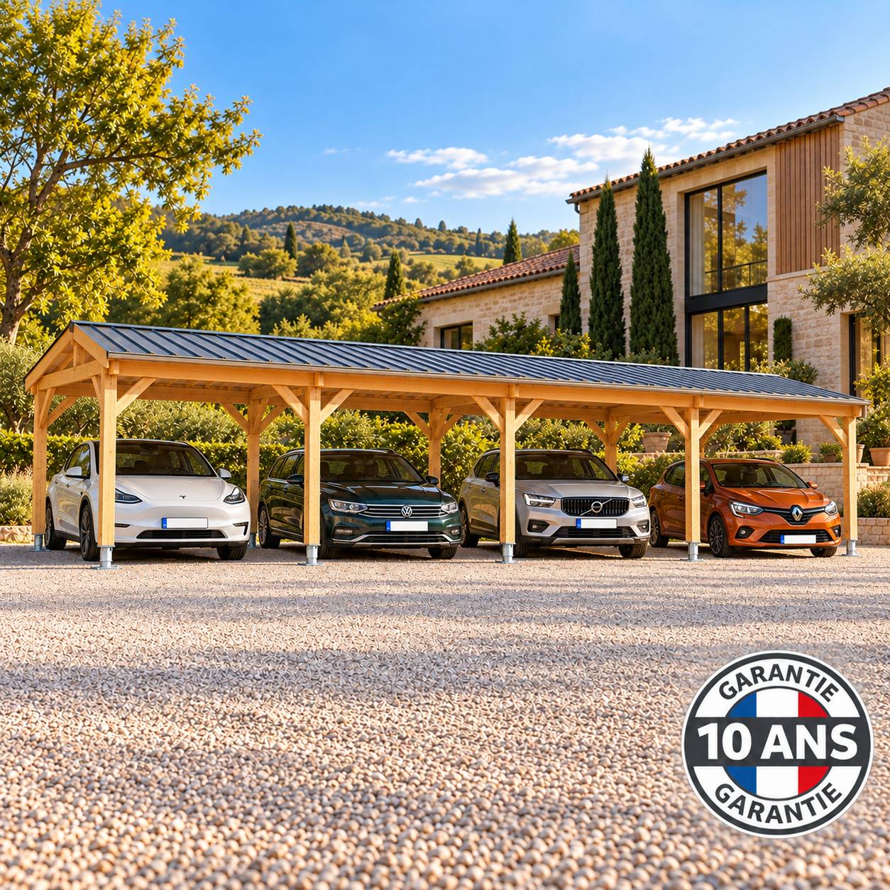 Cpbf Charpentes - Carport bois 2 pentes en bois douglas 63 m², 10 poteaux. Abri voiture extérieur. Garantie 10 ans. - Image 6