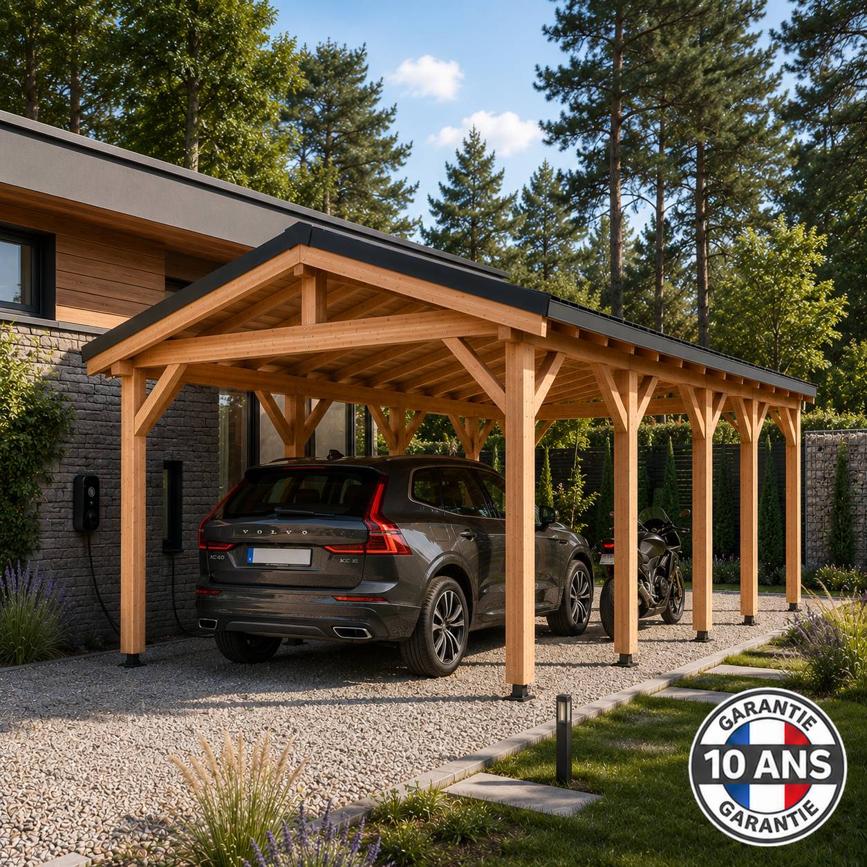 Cpbf Charpentes - Carport bois 2 pentes en bois douglas 63 m², 10 poteaux. Abri voiture extérieur. Garantie 10 ans. - Image 3