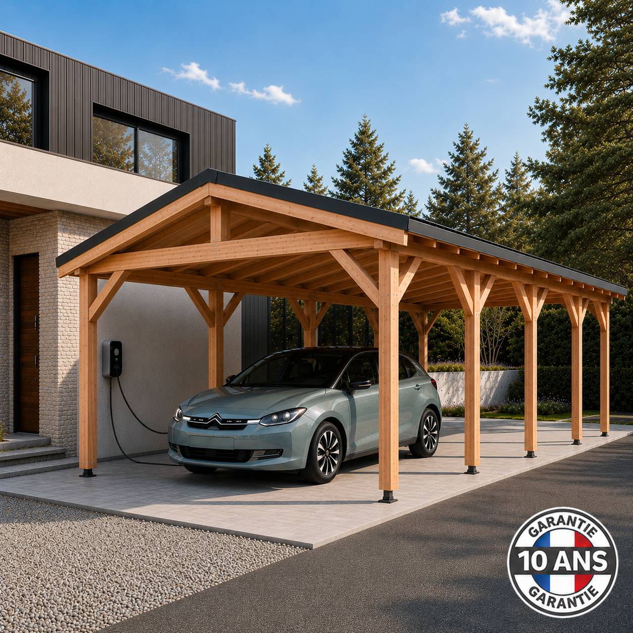 Cpbf Charpentes - Carport bois 2 pentes en bois douglas 63 m², 10 poteaux. Abri voiture extérieur. Garantie 10 ans. - Image 6