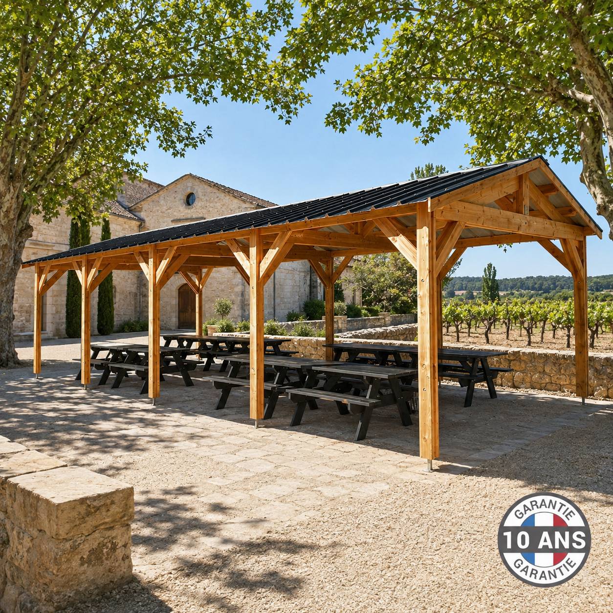 Cpbf Charpentes - Carport bois 2 pentes en bois douglas 63 m², 10 poteaux. Abri voiture extérieur. Garantie 10 ans. - Image 3
