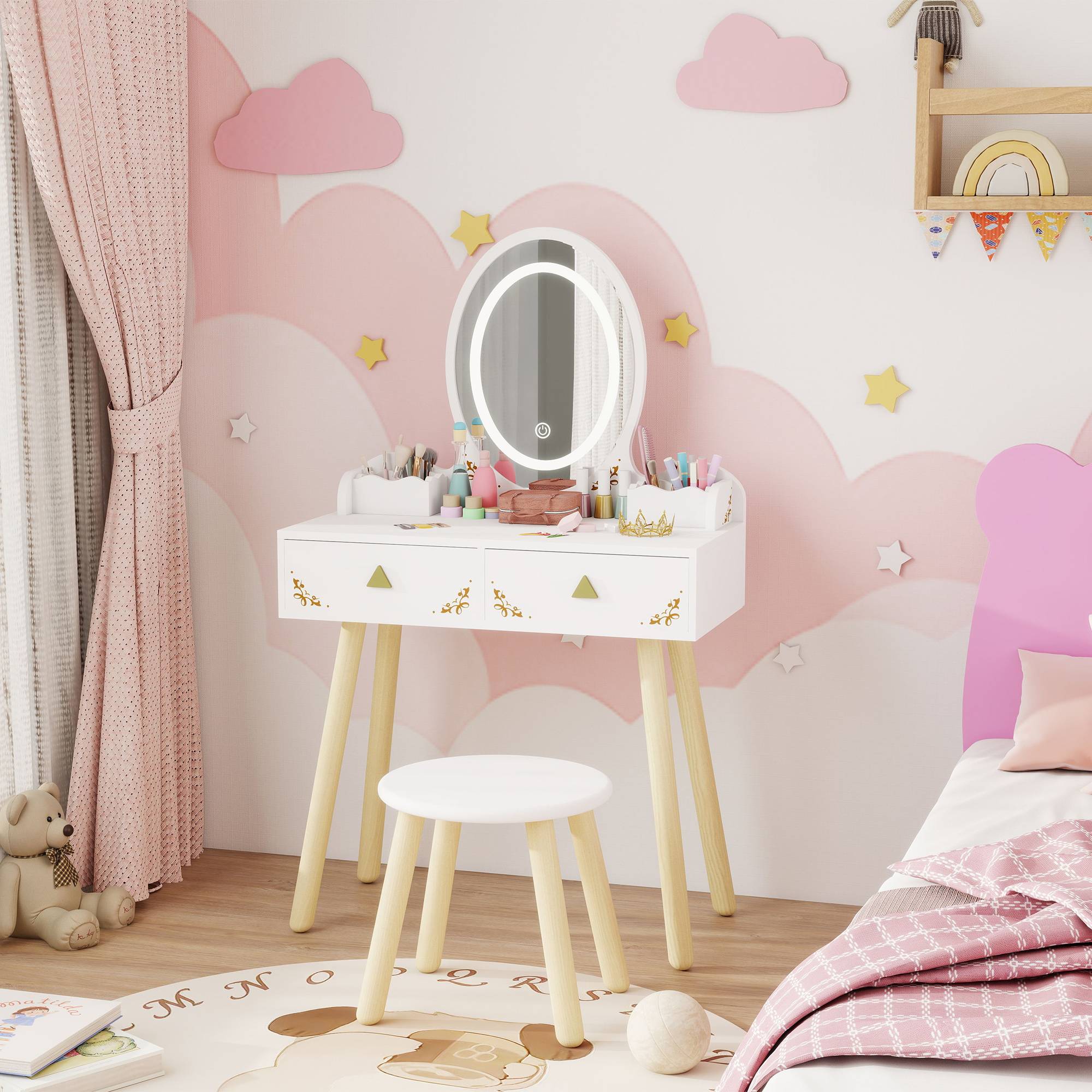 Sans Marque - Coiffeuse pour enfant 2 en 1 bureau enfant fille avec miroir à LED 3 couleurs et tabouret 60x30x99,3 cm blanc - Image 4