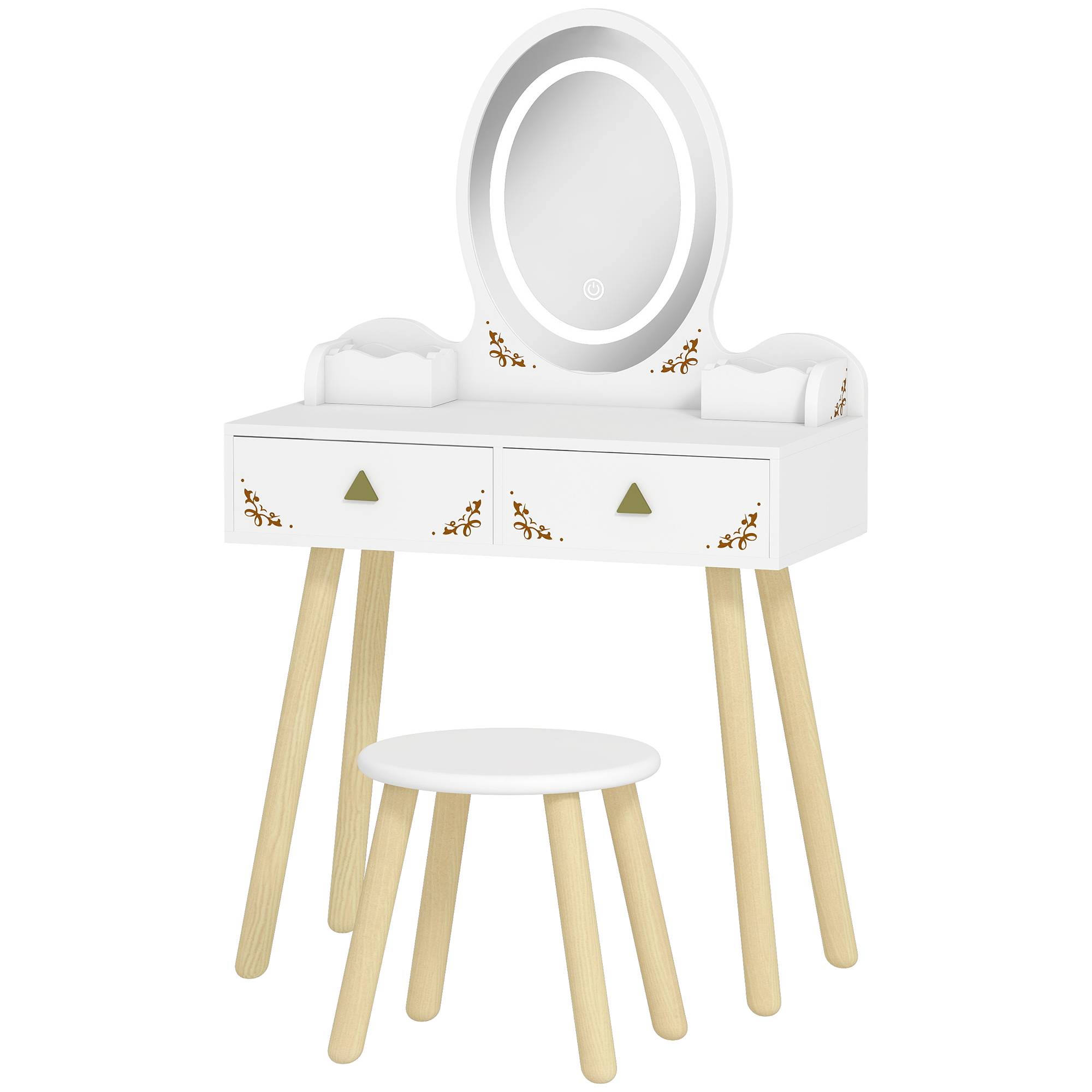 Sans Marque - Coiffeuse pour enfant 2 en 1 bureau enfant fille avec miroir à LED 3 couleurs et tabouret 60x30x99,3 cm blanc - Image 2