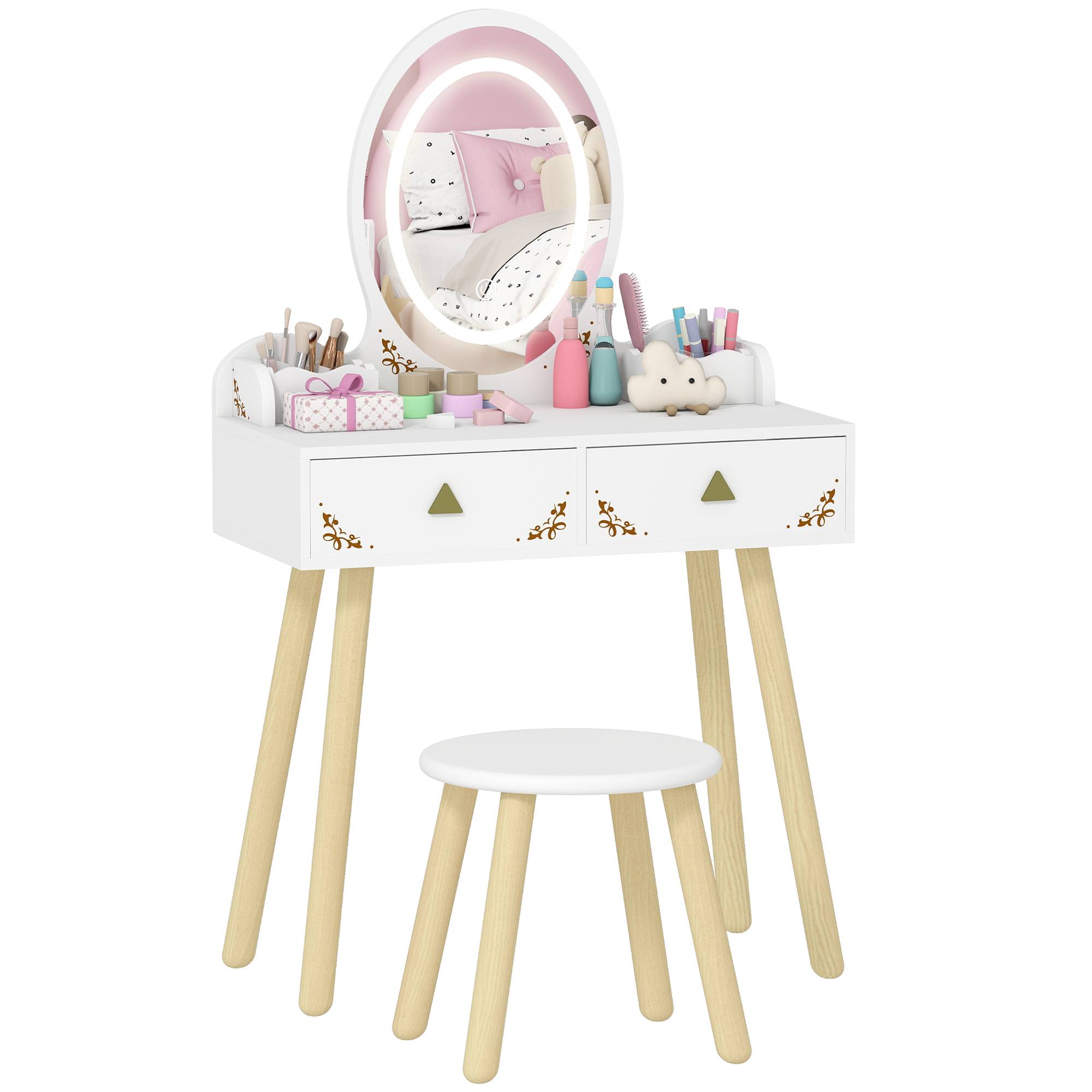 Sans Marque - Coiffeuse pour enfant 2 en 1 bureau enfant fille avec miroir à LED 3 couleurs et tabouret 60x30x99,3 cm blanc - Image 1