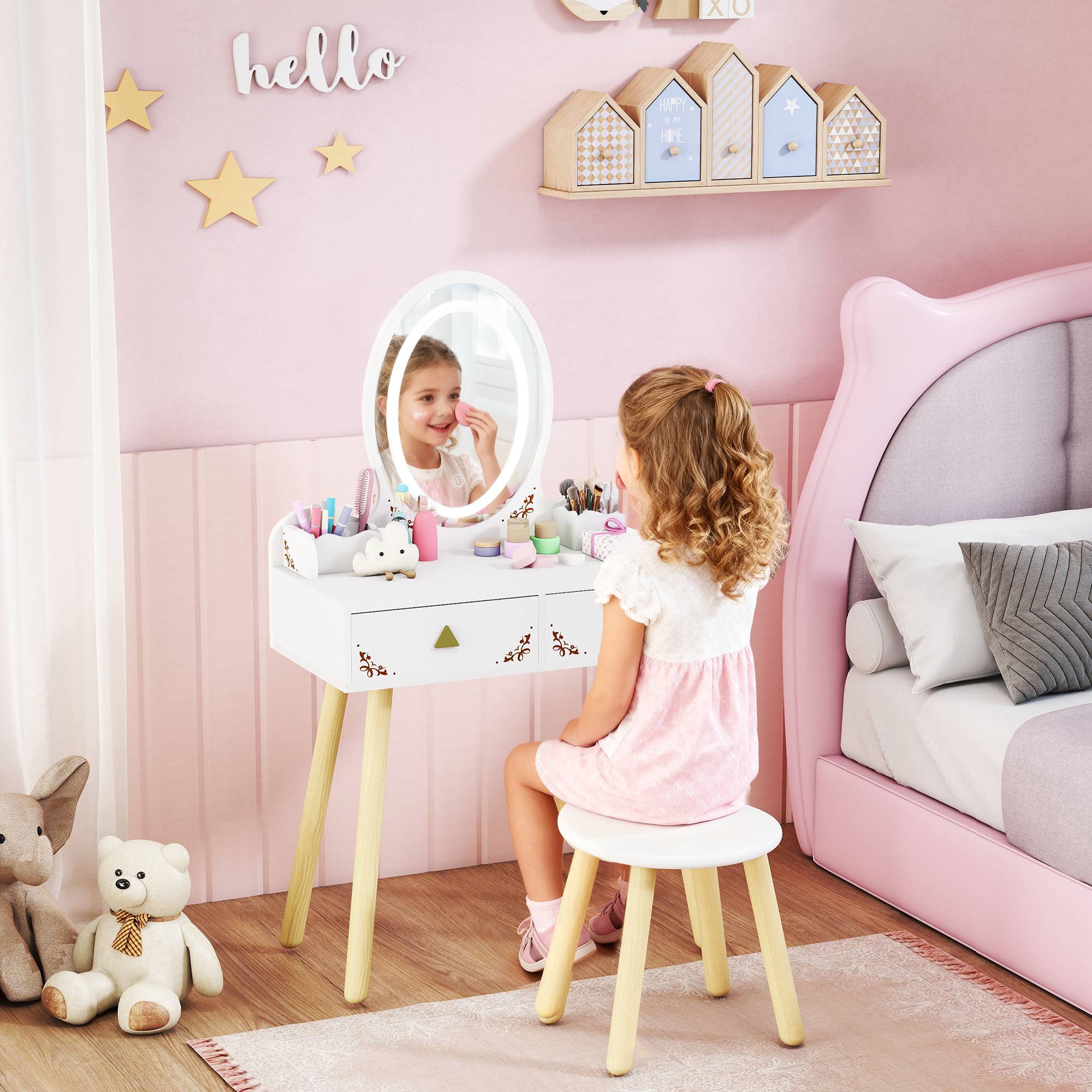 Sans Marque - Coiffeuse pour enfant 2 en 1 bureau enfant fille avec miroir à LED 3 couleurs et tabouret 60x30x99,3 cm blanc - Image 3