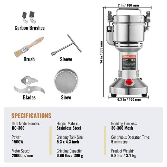 VEVOR Moulin à épices électrique 300g 1500W, inox, type droit, céréales, épices, herbes, poivres. - Image 7