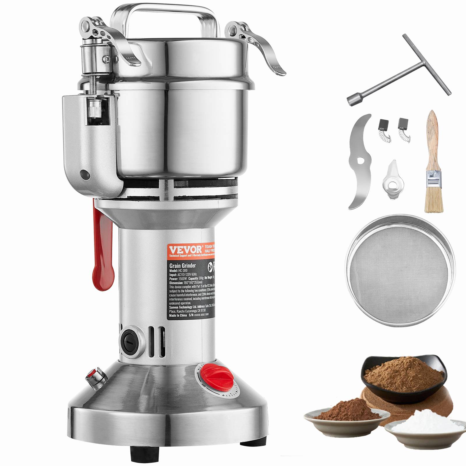 VEVOR Moulin à épices électrique 300g 1500W, inox, type droit, céréales, épices, herbes, poivres. - Image 1