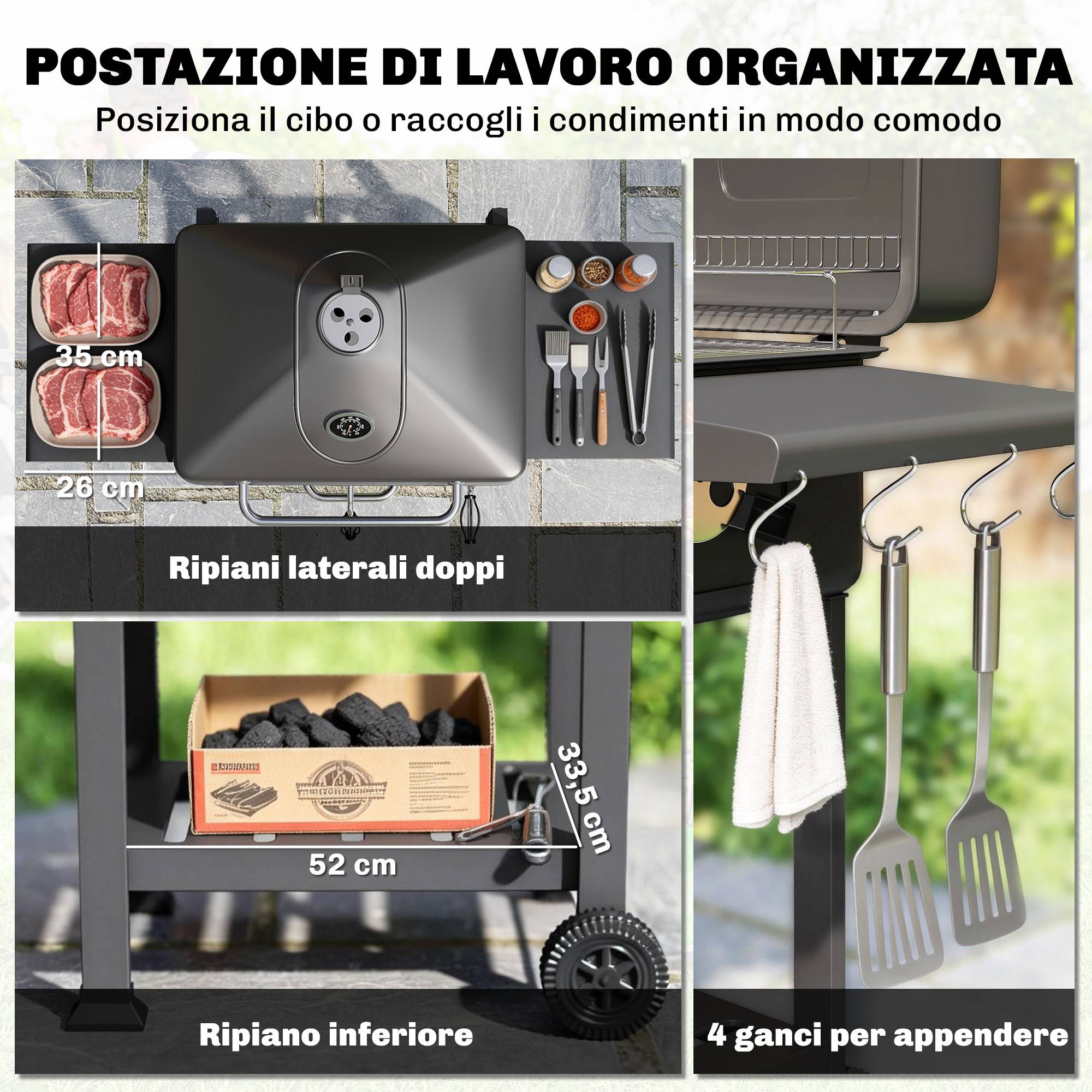 Barbecue charbon fumoir portable, ventilation, thermomètre, tablettes latérales noir - Image 9