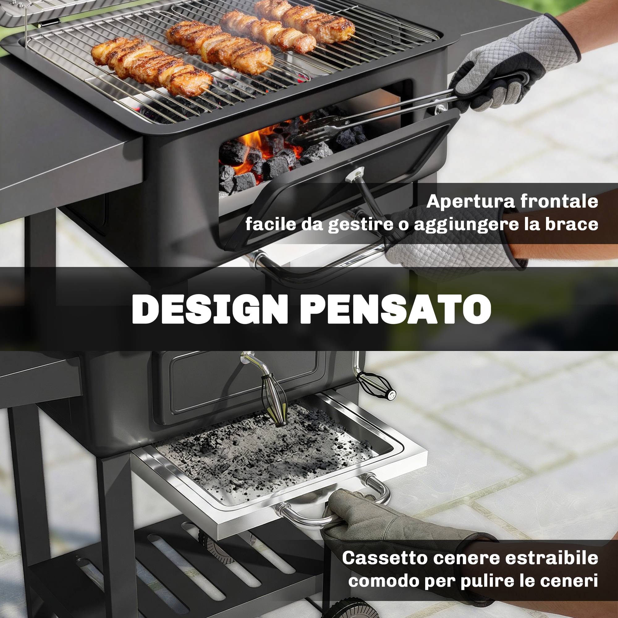 Barbecue charbon fumoir portable, ventilation, thermomètre, tablettes latérales noir - Image 10