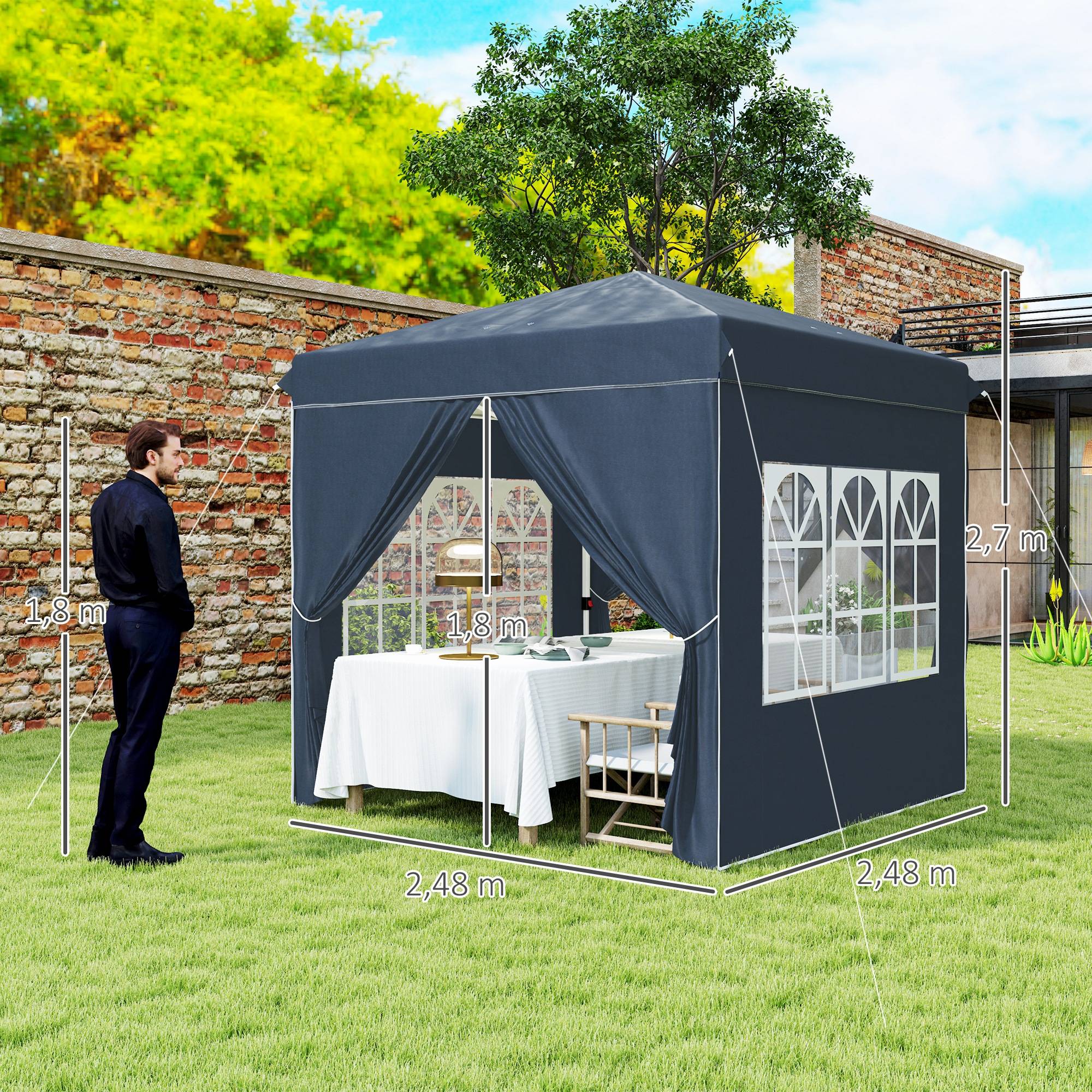 Tente pliante pop-up 2,5 x 2,5 m avec 4 parois latérales anti-UV, hauteur réglable et sac de transport, bleu foncé - Image 5