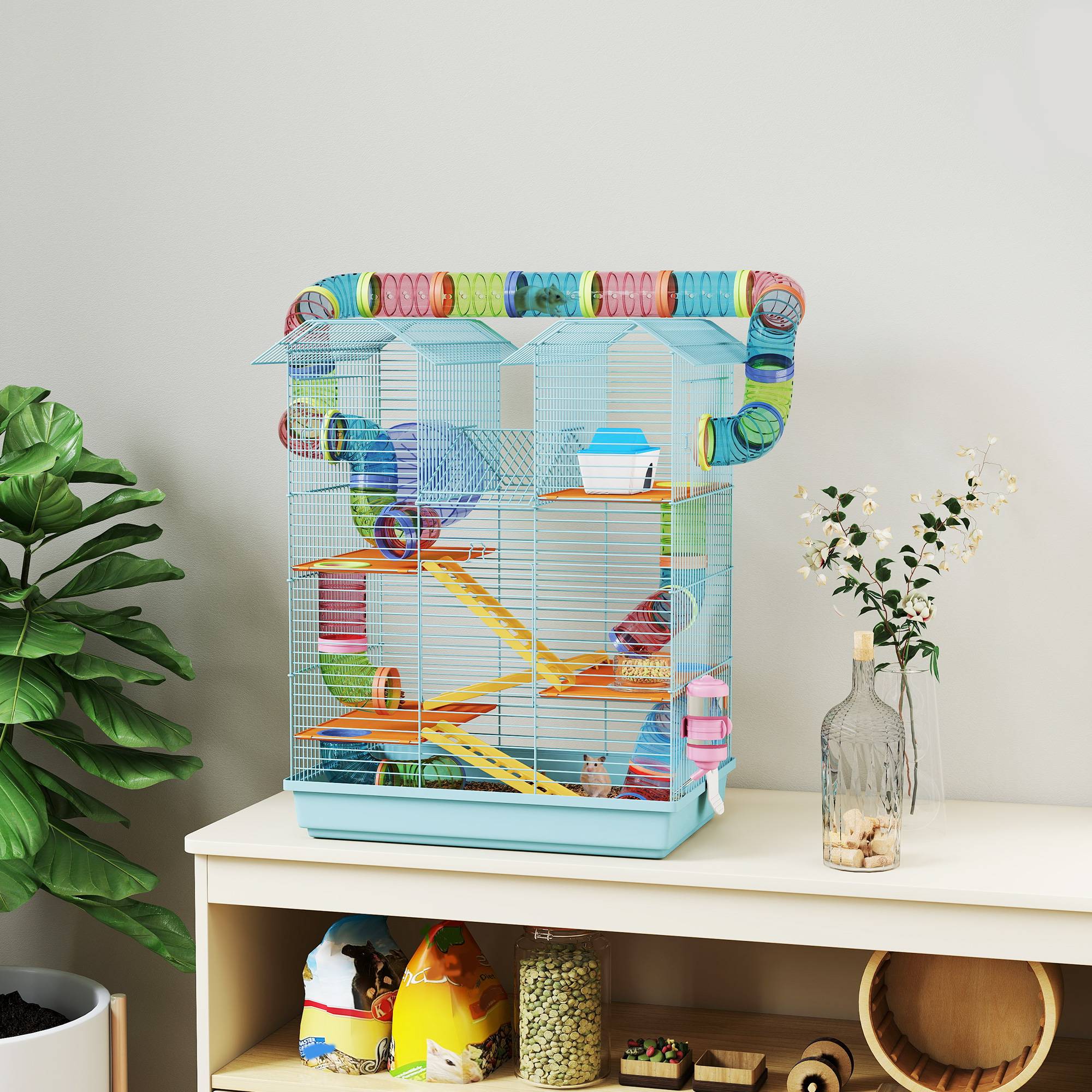Cage hamster métal petits rongeurs 5 niveaux avec accessoires 47x30x59cm bleu clair - ComfortXL Outdoor Living - Image 3