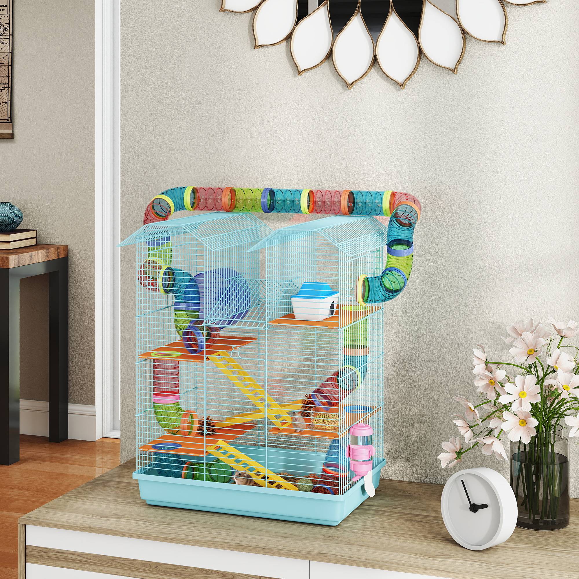 Cage hamster métal petits rongeurs 5 niveaux avec accessoires 47x30x59cm bleu clair - ComfortXL Outdoor Living - Image 4