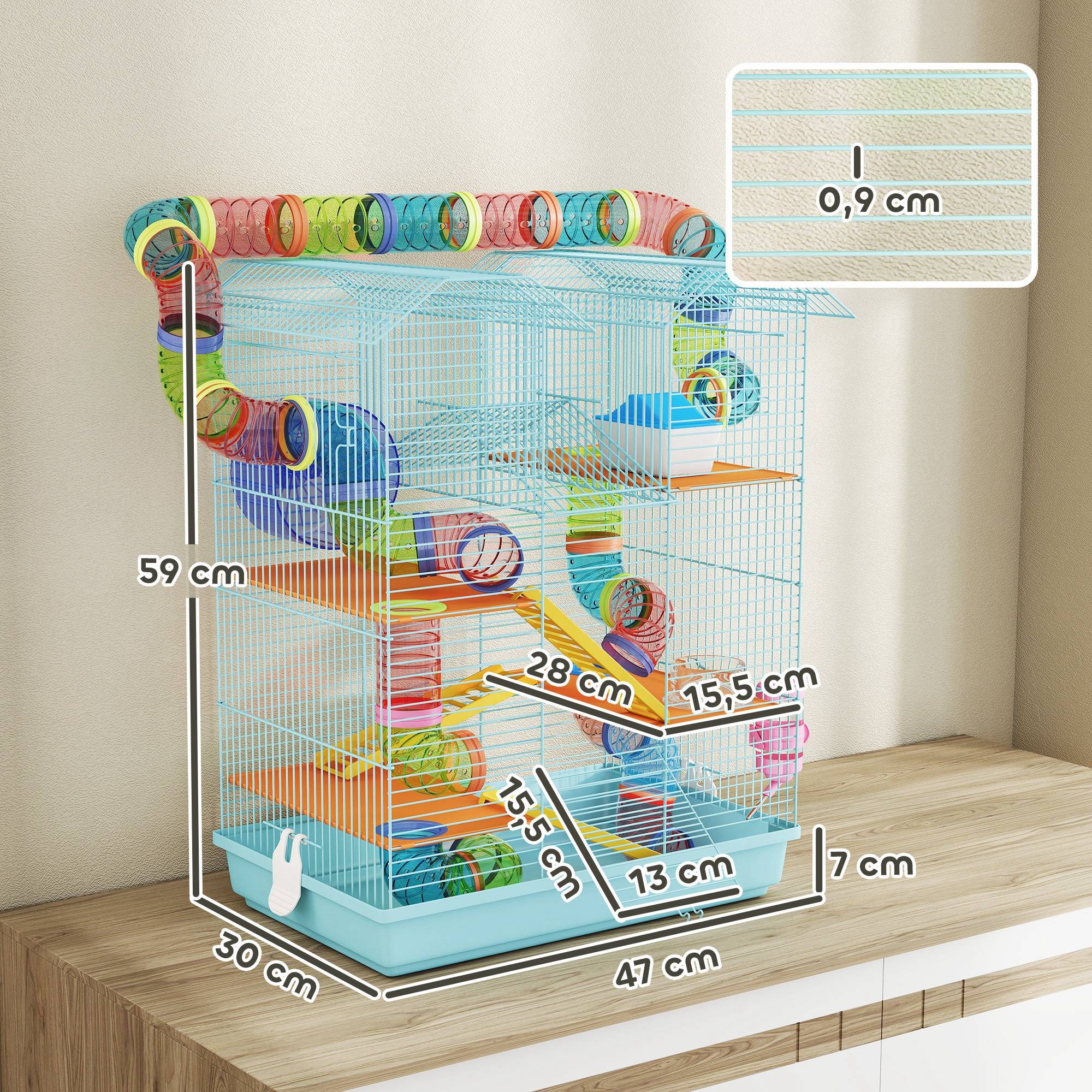 Cage hamster métal petits rongeurs 5 niveaux avec accessoires 47x30x59cm bleu clair - ComfortXL Outdoor Living - Image 5