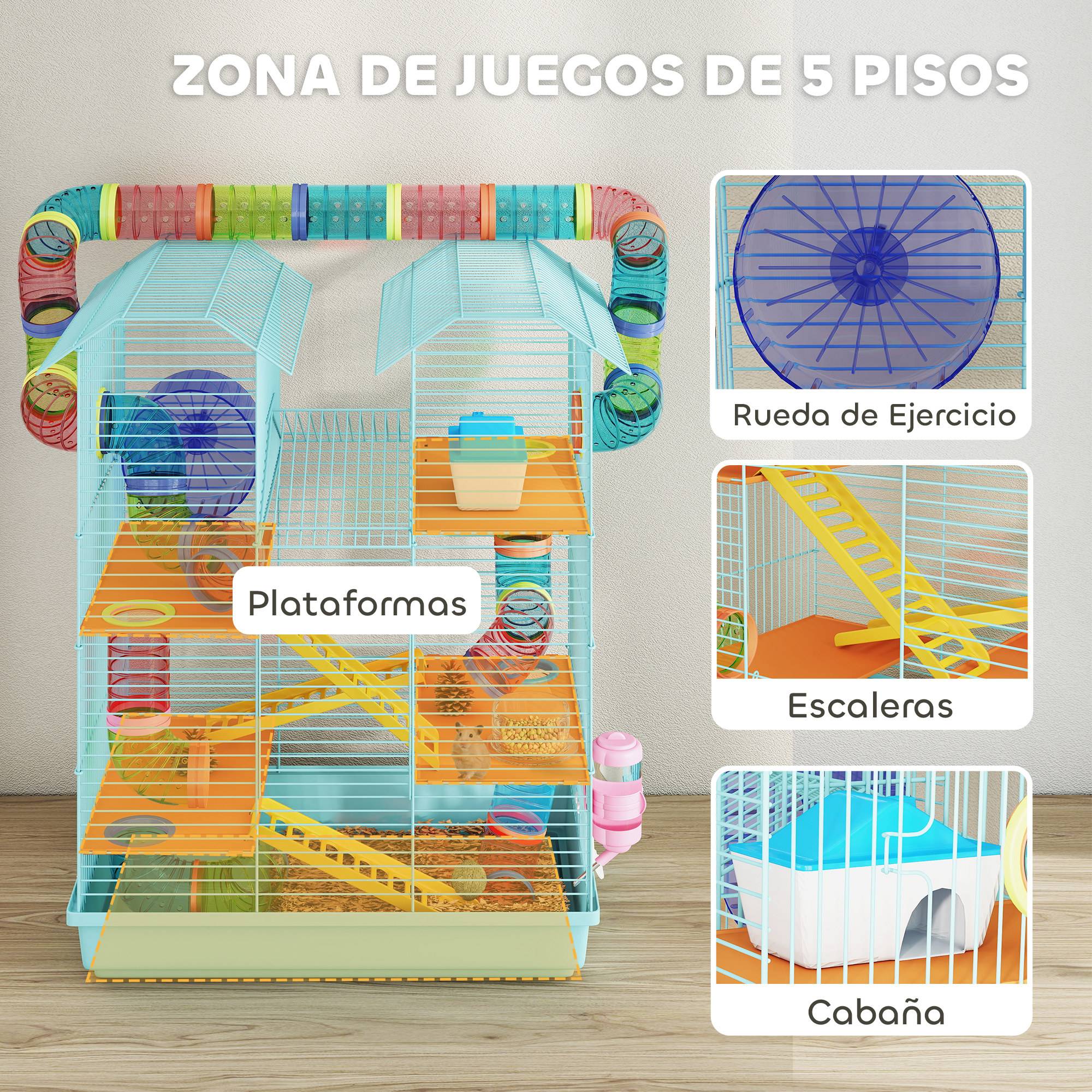 Cage hamster métal petits rongeurs 5 niveaux avec accessoires 47x30x59cm bleu clair - ComfortXL Outdoor Living - Image 6
