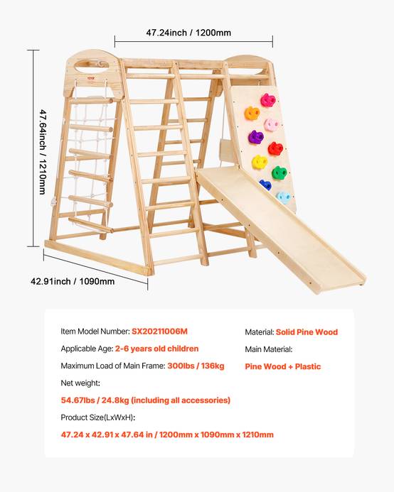 Vevor - VEVOR Aire de Jeux Intérieure 7-en-1 120x109x121 cm, pin massif, échelles, toboggan, balançoire, barres de singe et mur d’escalade. - Image 6