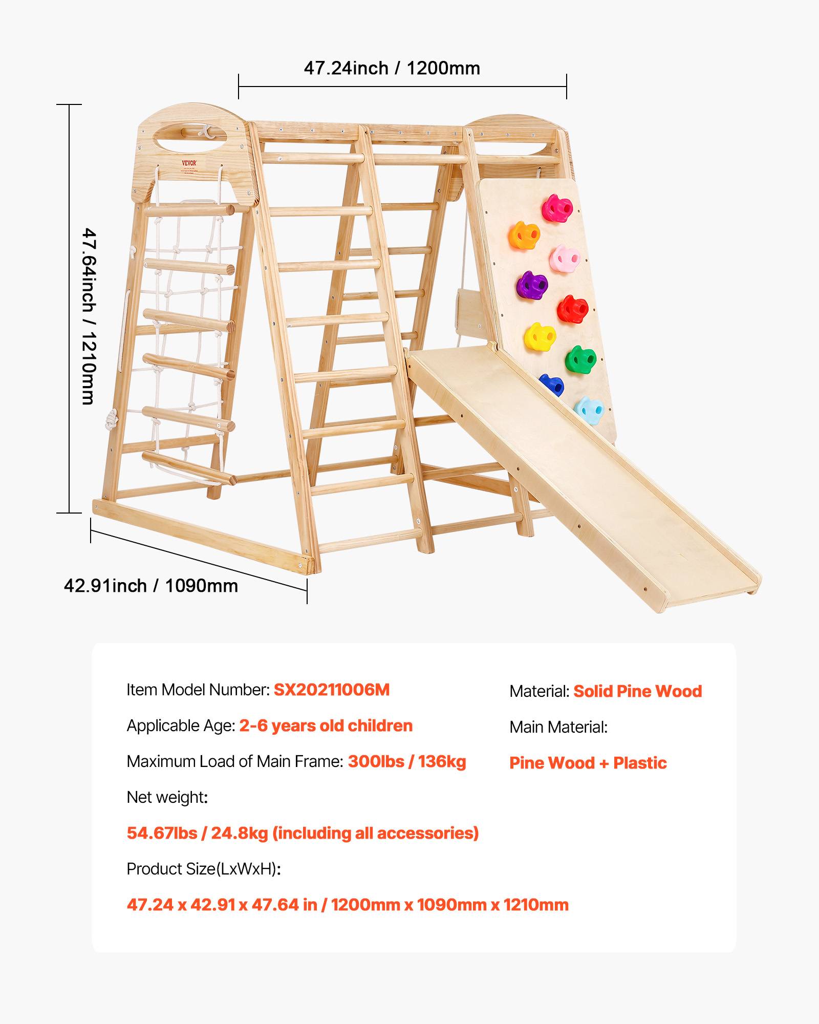 Vevor - VEVOR Aire de Jeux Intérieure 7-en-1 120x109x121 cm, pin massif, échelles, toboggan, balançoire, barres de singe et mur d’escalade. - Image 6