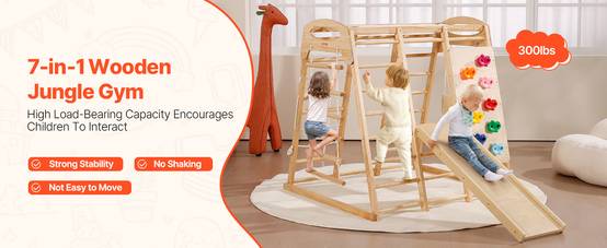 Vevor - VEVOR Aire de Jeux Intérieure 7-en-1 120x109x121 cm, pin massif, échelles, toboggan, balançoire, barres de singe et mur d’escalade. - Image 9