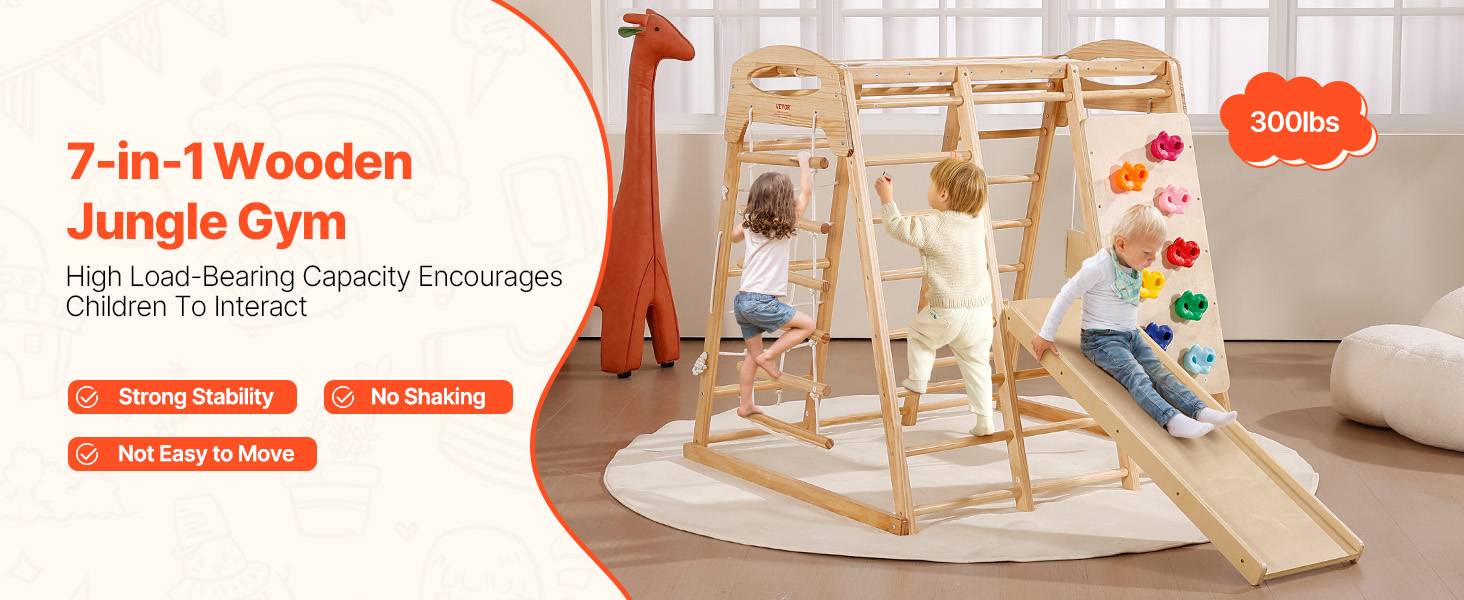 Vevor - VEVOR Aire de Jeux Intérieure 7-en-1 120x109x121 cm, pin massif, échelles, toboggan, balançoire, barres de singe et mur d’escalade. - Image 9