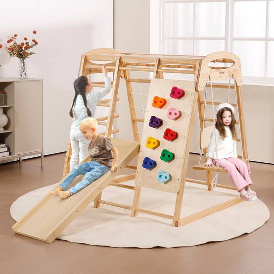 Vevor - VEVOR Aire de Jeux Intérieure 7-en-1 120x109x121 cm, pin massif, échelles, toboggan, balançoire, barres de singe et mur d’escalade. - Image 8