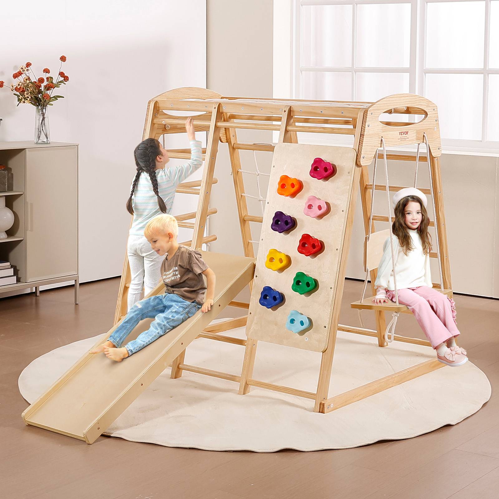 Vevor - VEVOR Aire de Jeux Intérieure 7-en-1 120x109x121 cm, pin massif, échelles, toboggan, balançoire, barres de singe et mur d’escalade. - Image 8
