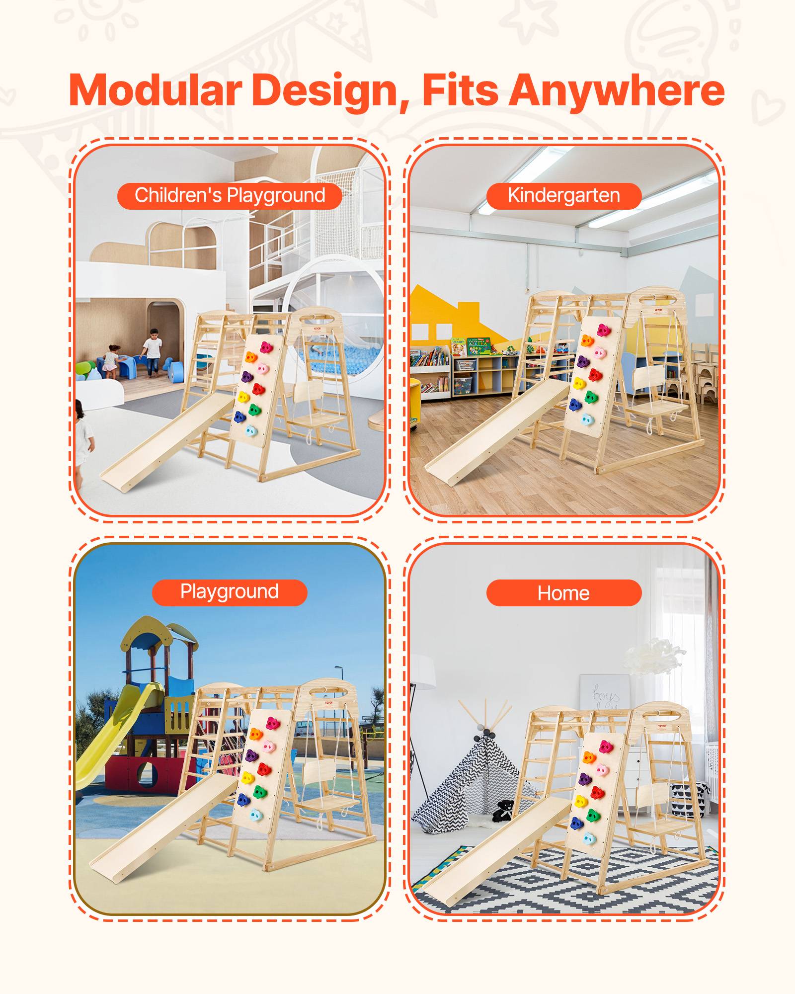 Vevor - VEVOR Aire de Jeux Intérieure 7-en-1 120x109x121 cm, pin massif, échelles, toboggan, balançoire, barres de singe et mur d’escalade. - Image 5