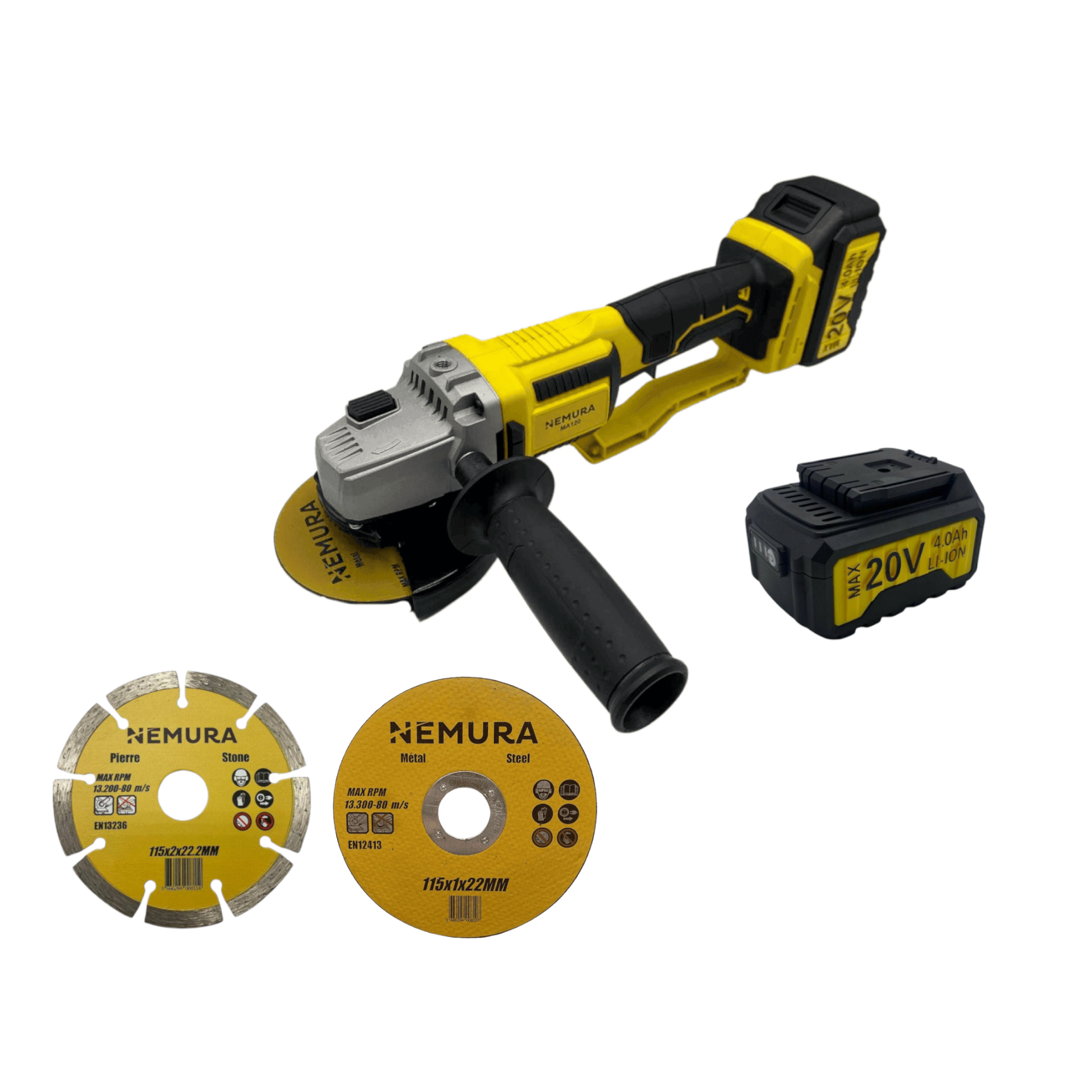Meuleuse d'angle 125mm sans fil 20V brushless NEMURA + 2 Batteries 4Ah + Chargeur rapide + 3 disques - Image 1