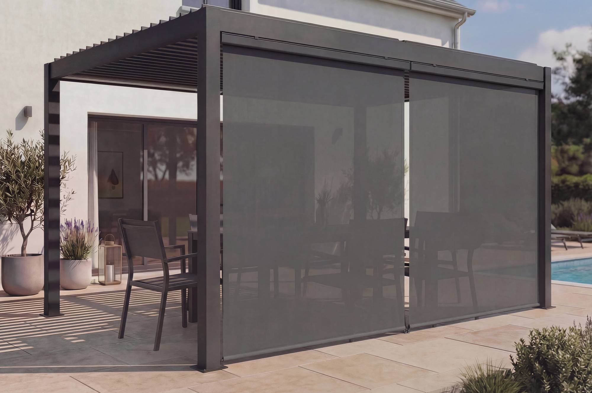CAZEBOO - Cazeboo Pergola bioclimatique motorisée 4x3 m autoportée AGOSTA aluminium gris avec stores rétractables côté 4 m - Image 1